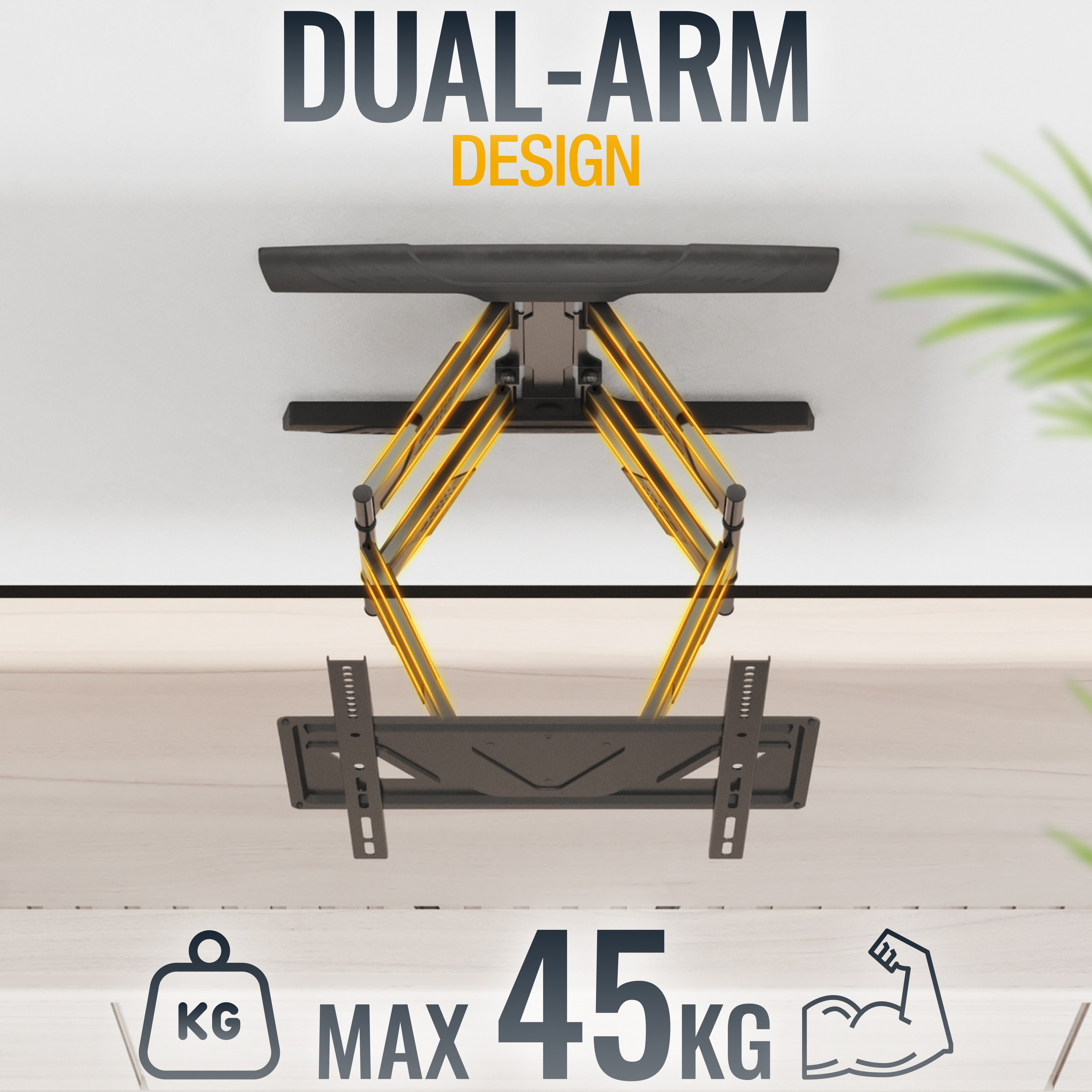 Schwarze Dual-Arm-TV-Halterung mit gelben Akzenten, die Design und max. 45kg Kapazität vor hell gradientem Hintergrund zeigt.