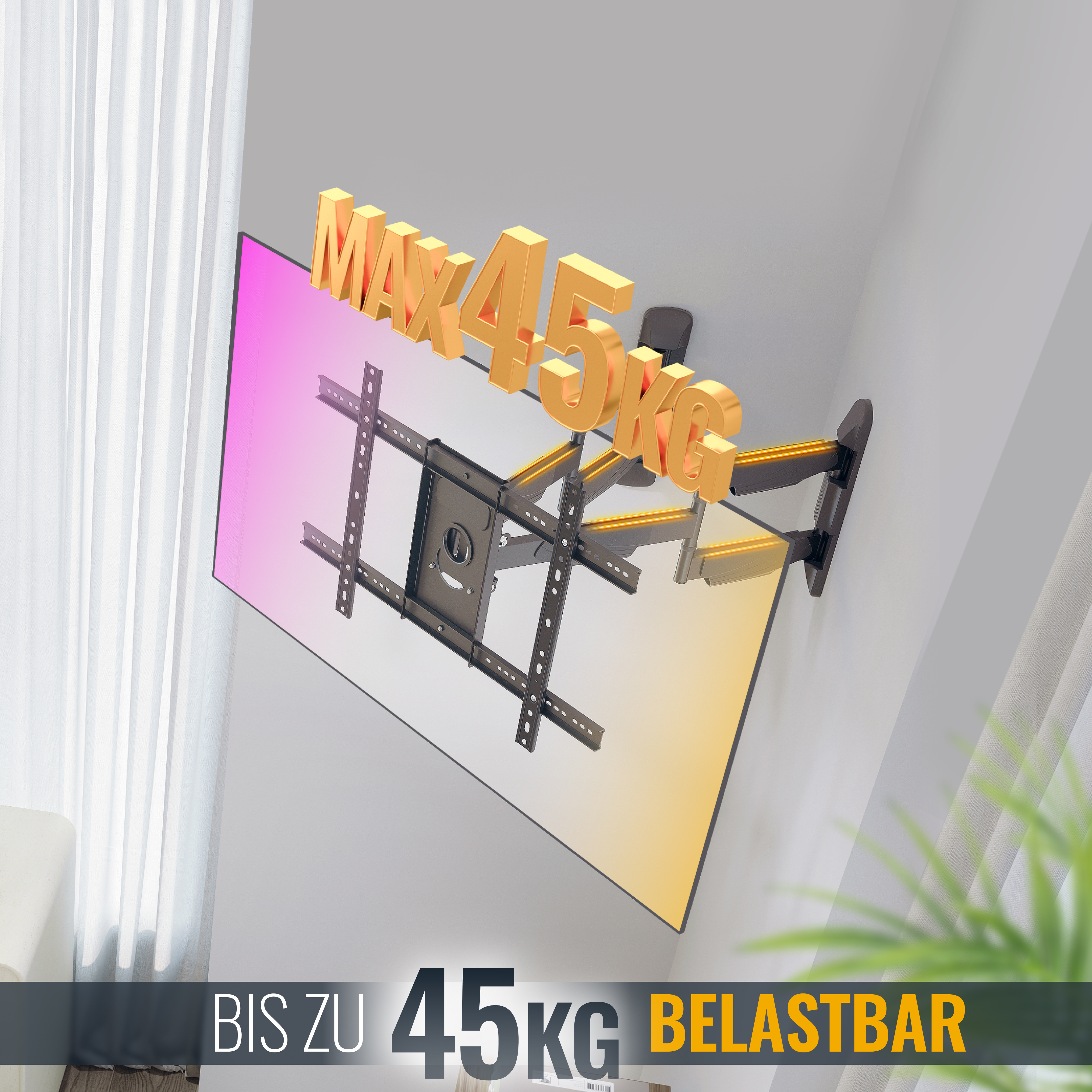 Ein an einer Wand montierter Fernseher mit einer Halterung, die eine maximale Last von 45 kg angibt.