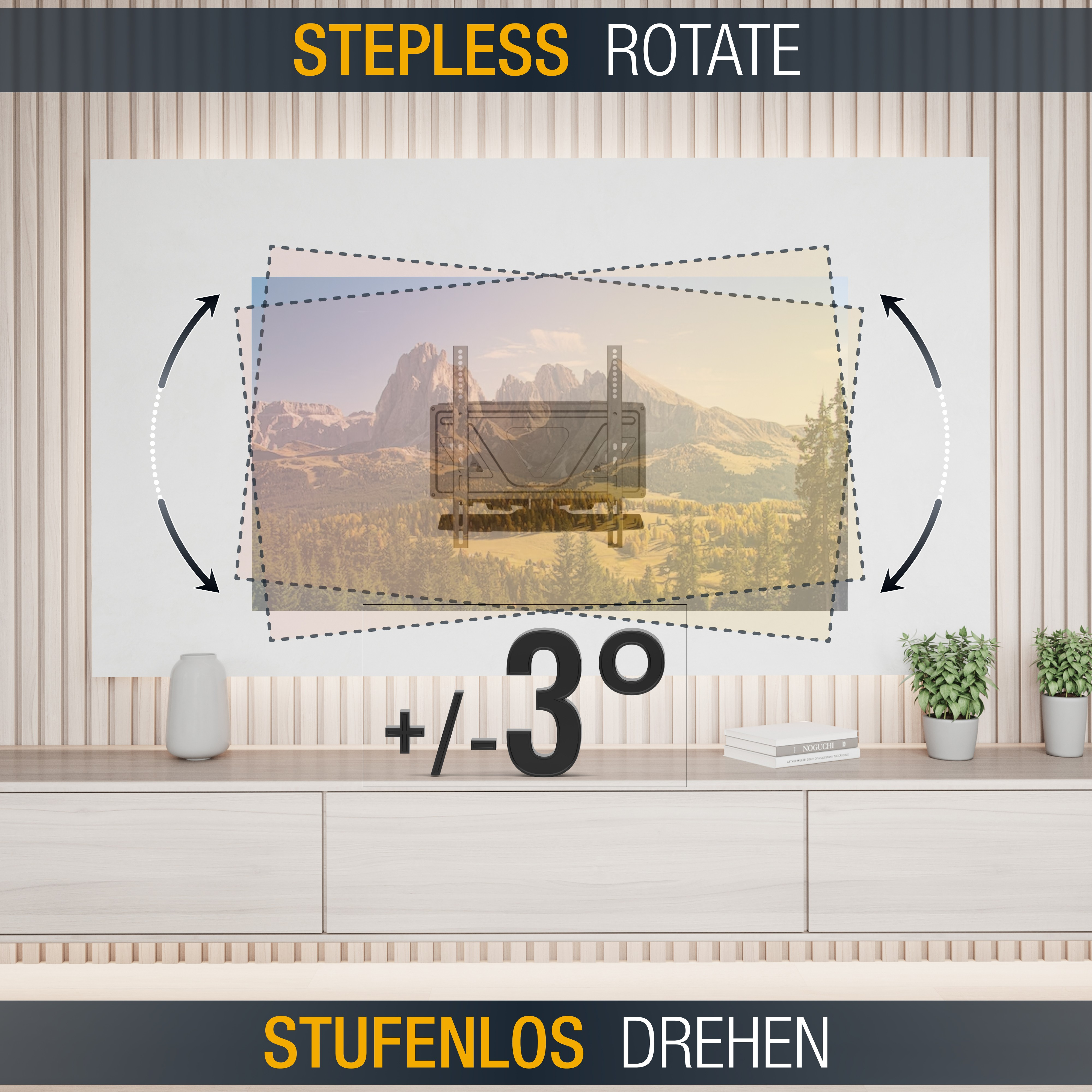 Eine TV-Halterung an der Wand mit Drehbereichsanzeige.