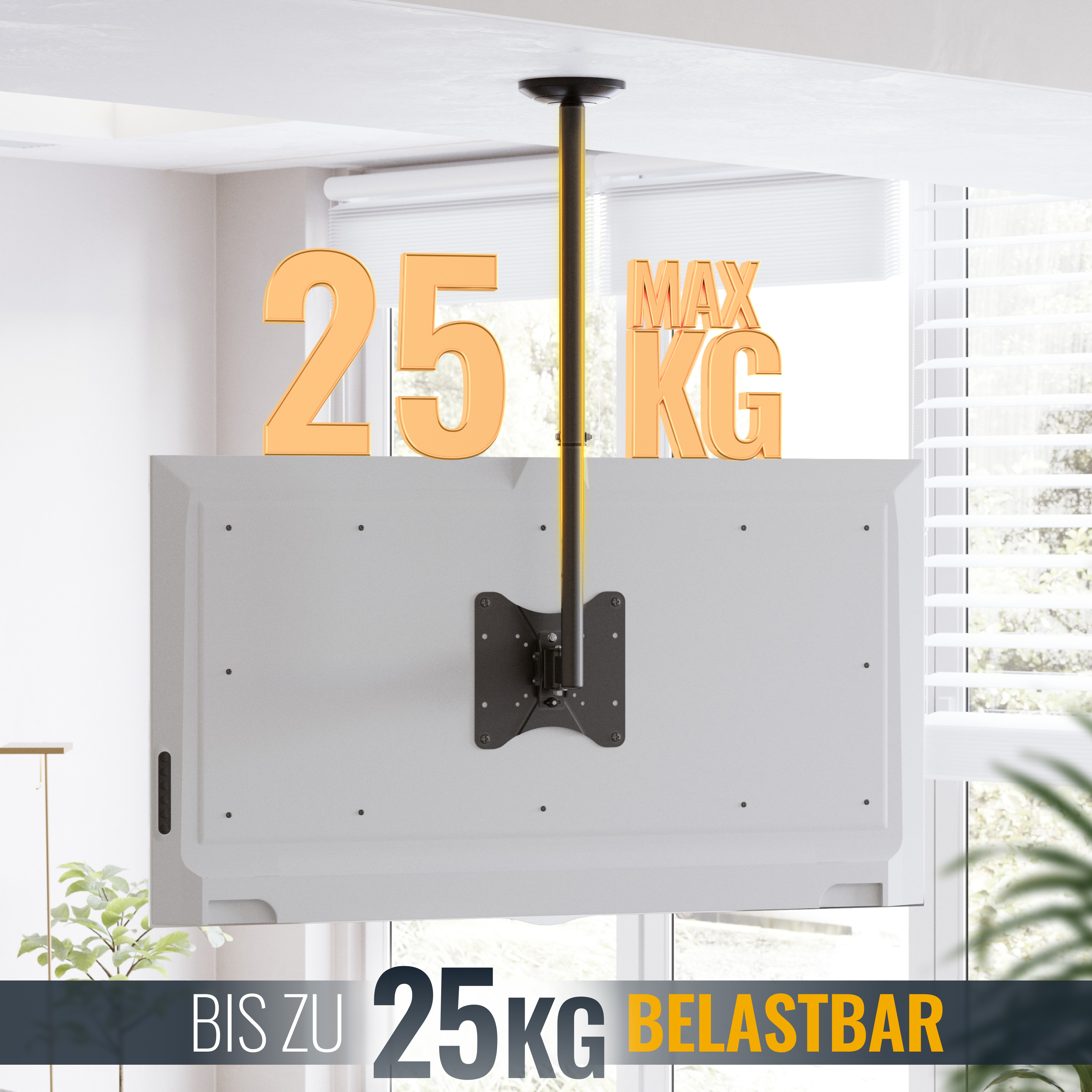 Ein Fernseher hängt mit einer Halterung an der Decke, die eine maximale Last von 25 kg angibt.