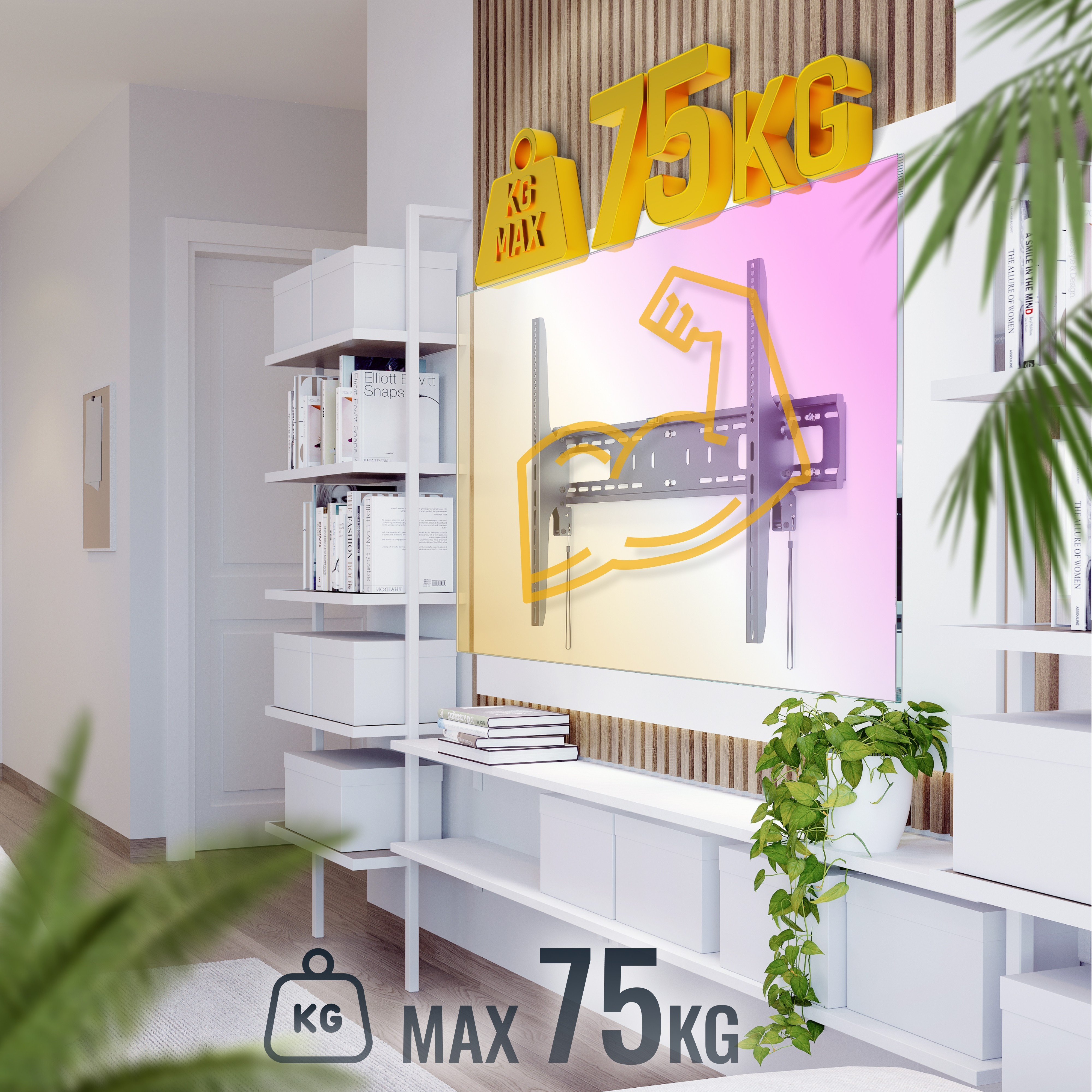 Ein Fernseher, der an einer Wand mit einer maximalen Tragfähigkeit von 75 kg in einem modernen Wohnzimmer montiert ist.