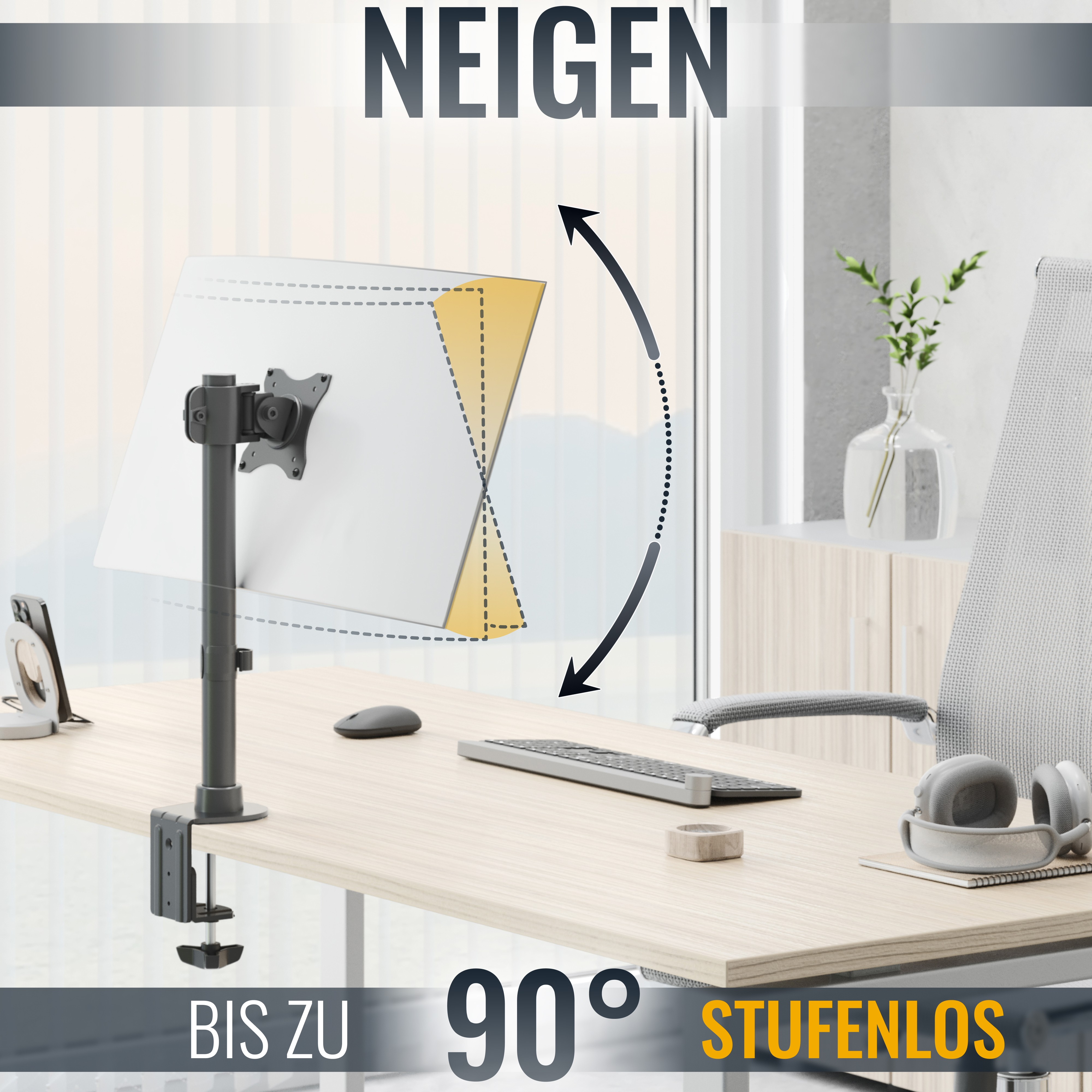 Ein an einem Schreibtischständer montierter Monitor, mit einem Diagramm, das anzeigt, dass er bis zu 90 Grad geneigt werden kann, sowie eine Maus und eine Tastatur.