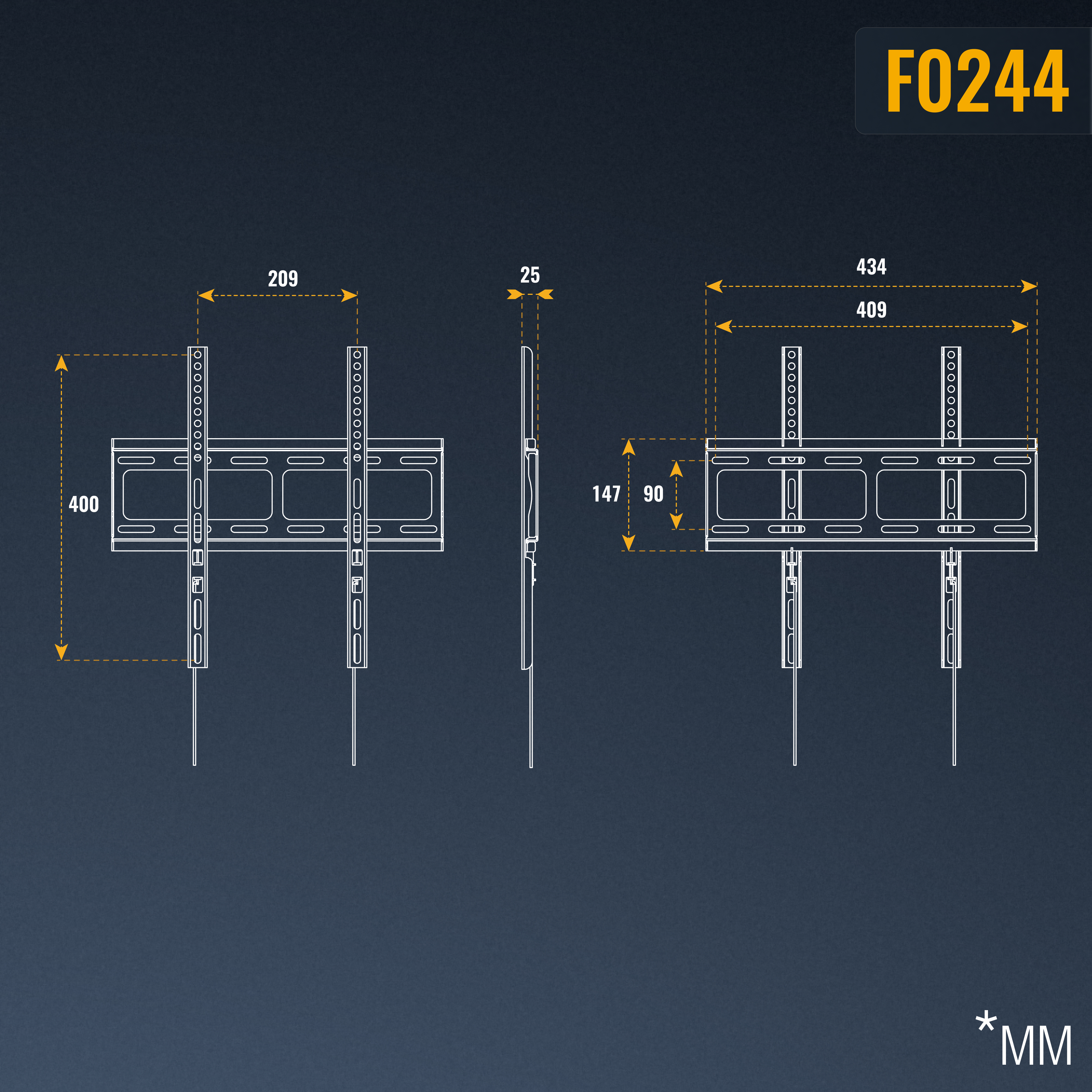 Diagramm einer TV-Halterung mit Abmessungen, beschriftet mit F0244.