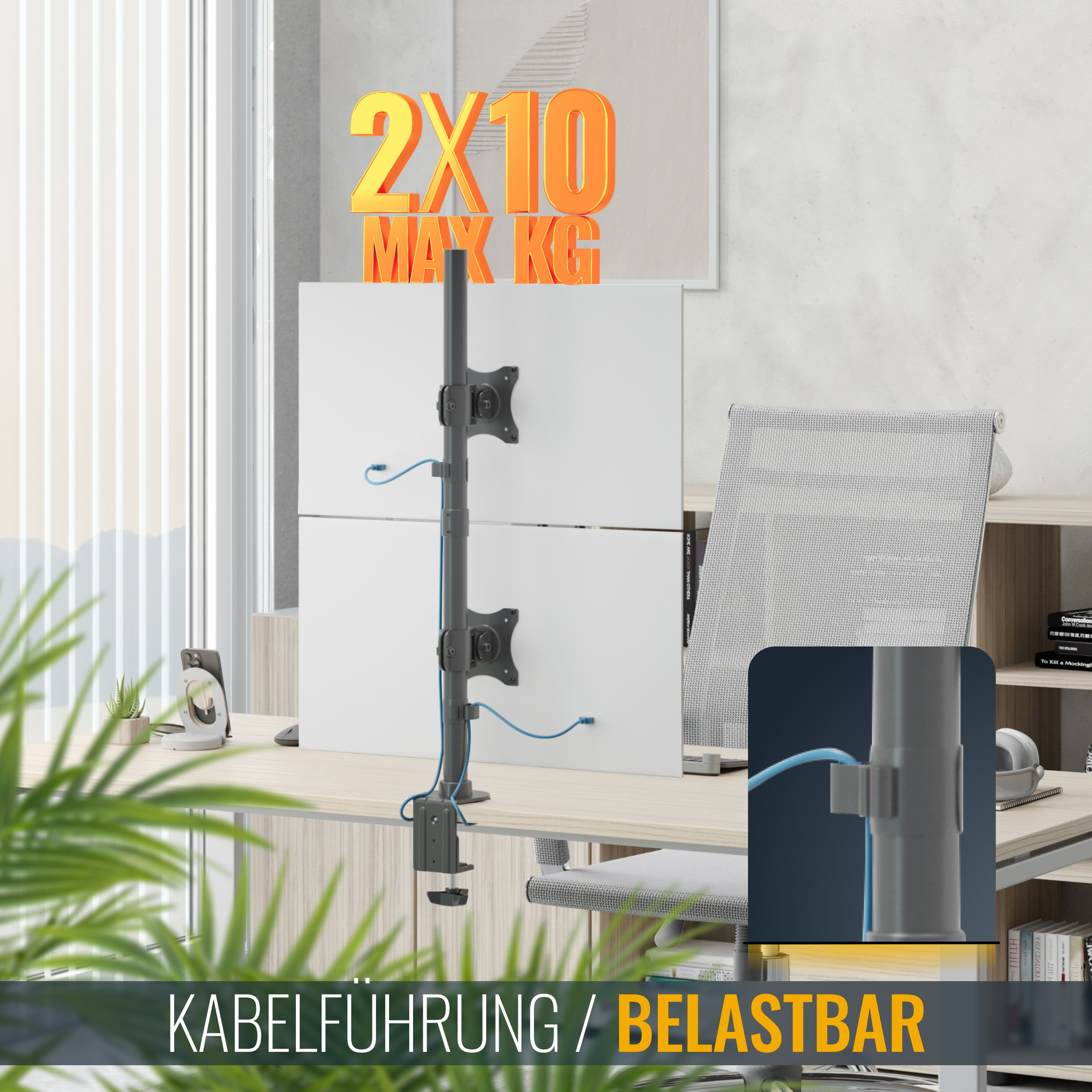 Eine Dual-Monitorhalterung ist auf einem Schreibtisch mit Kabelmanagement abgebildet und unterstützt bis zu 10 kg pro Monitor.