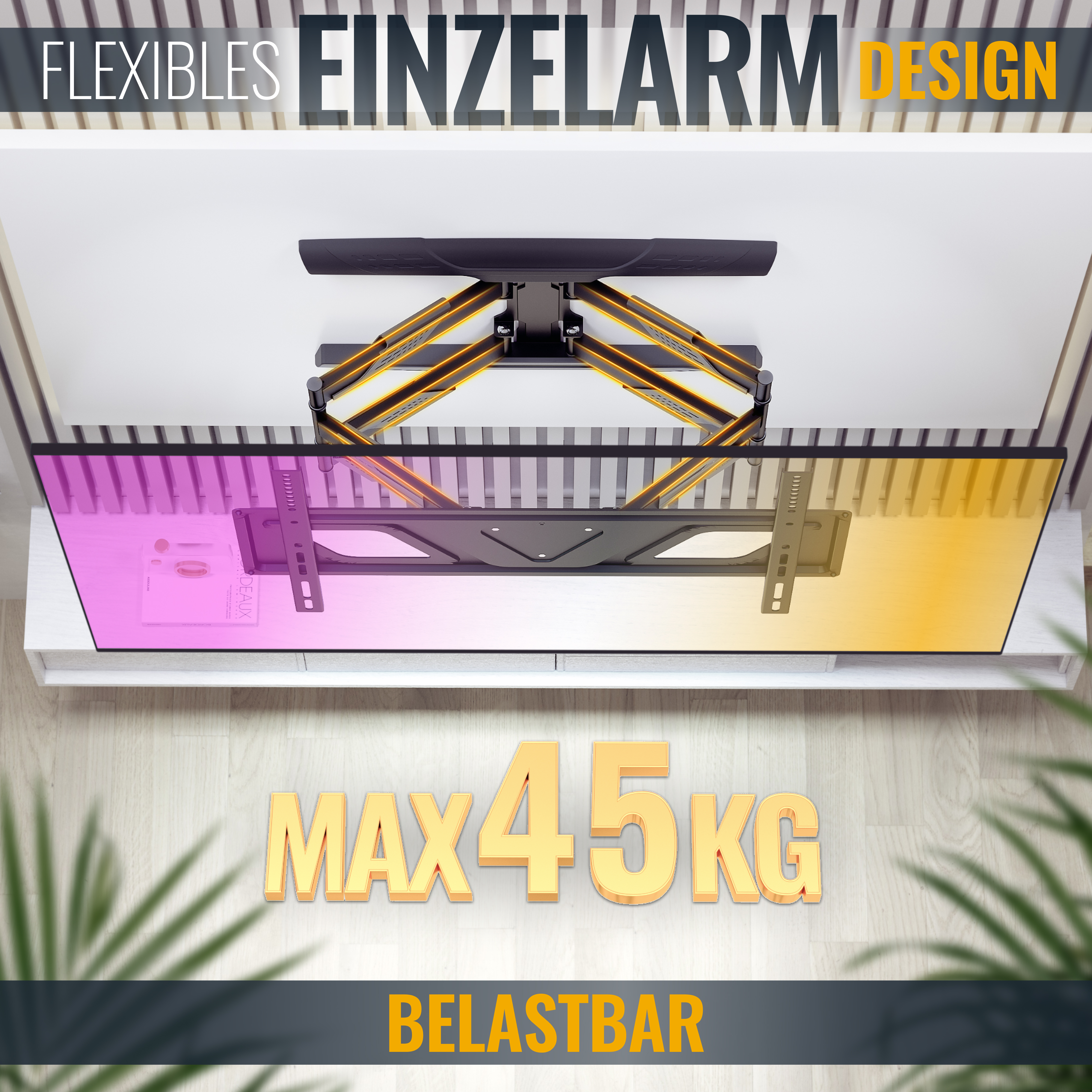 Eine TV-Halterung in Gebrauch, mit flexiblem Einzelarm-Design und Gewichtsangaben.