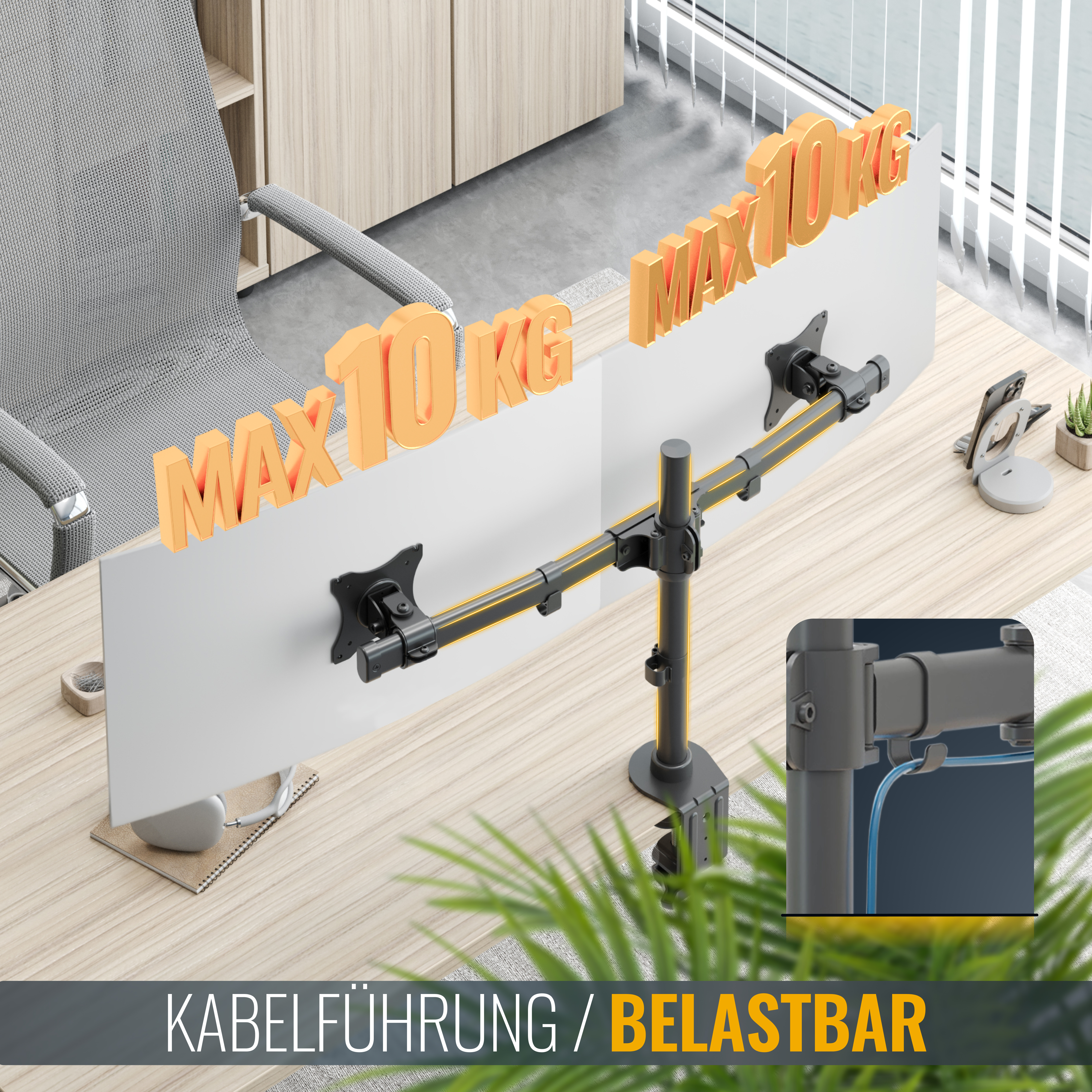 Dual-Monitor-Setup auf einem Schreibtisch, das Kabelmanagement und die Tragfähigkeit der Halterung hervorhebt.