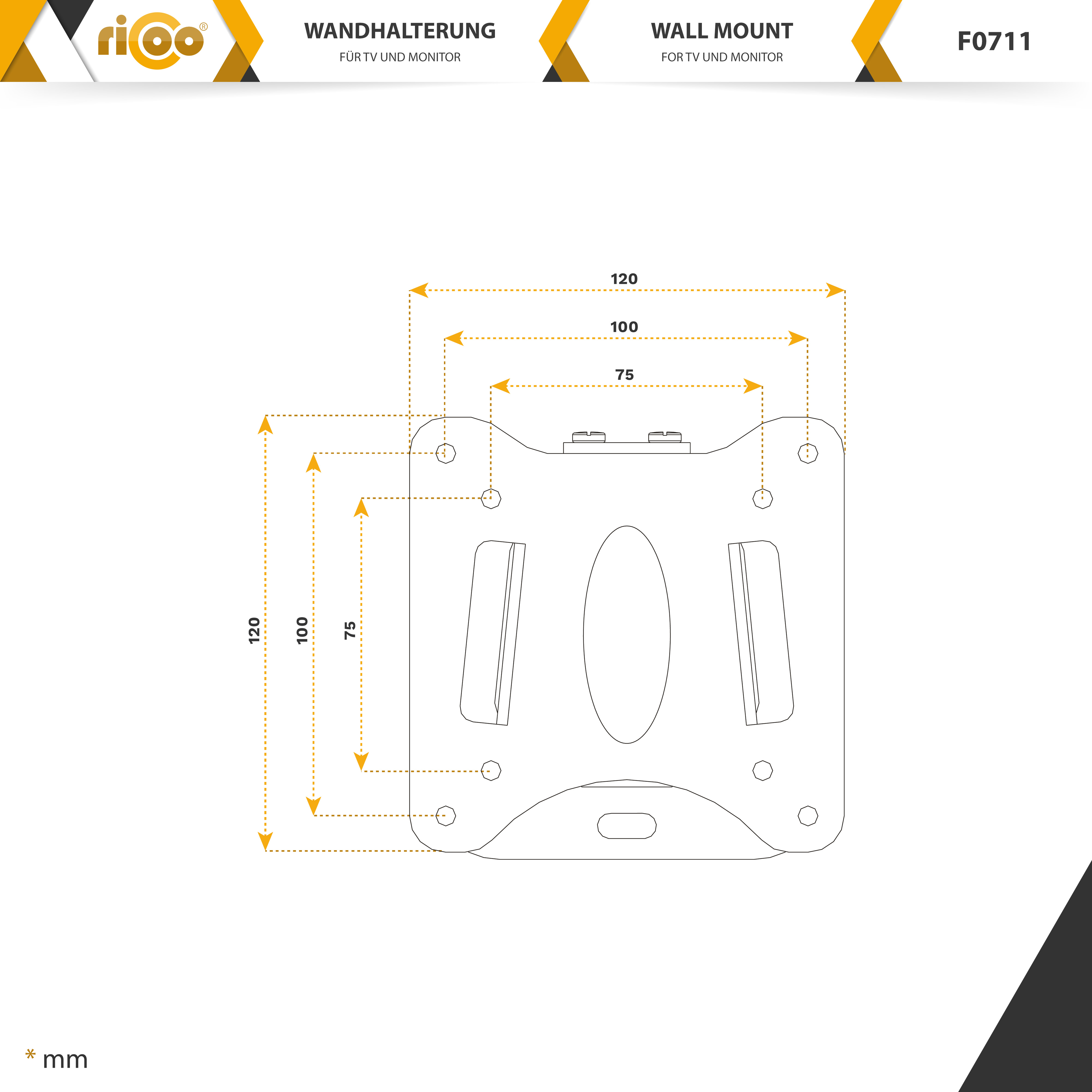 Wandhalterung, mit Abmessungen in mm, Text F0711.