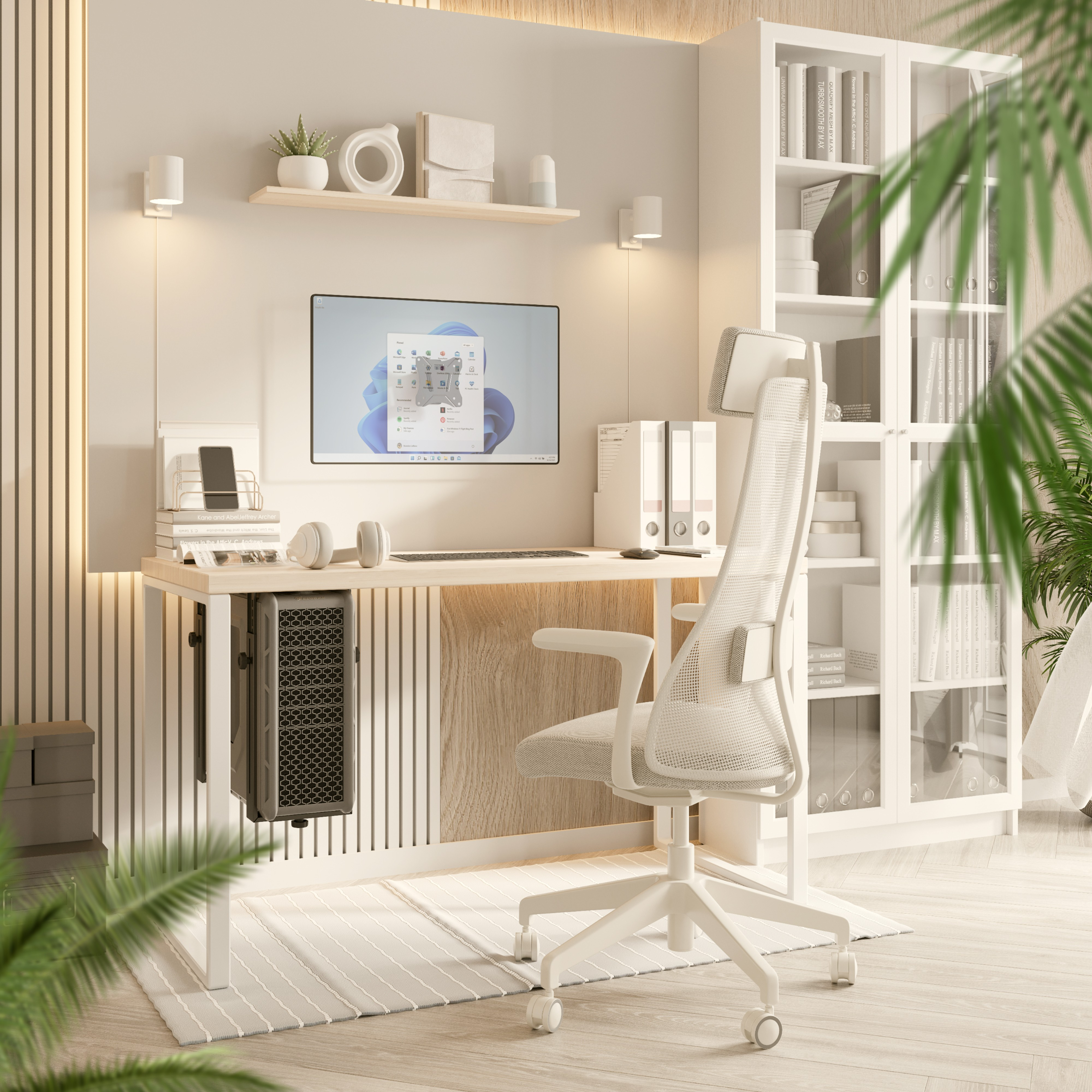 Eine helle Homeoffice-Szene mit Schreibtisch, Stuhl, Computer, Regalen und Pflanzen, die einen modernen Arbeitsplatz schafft.