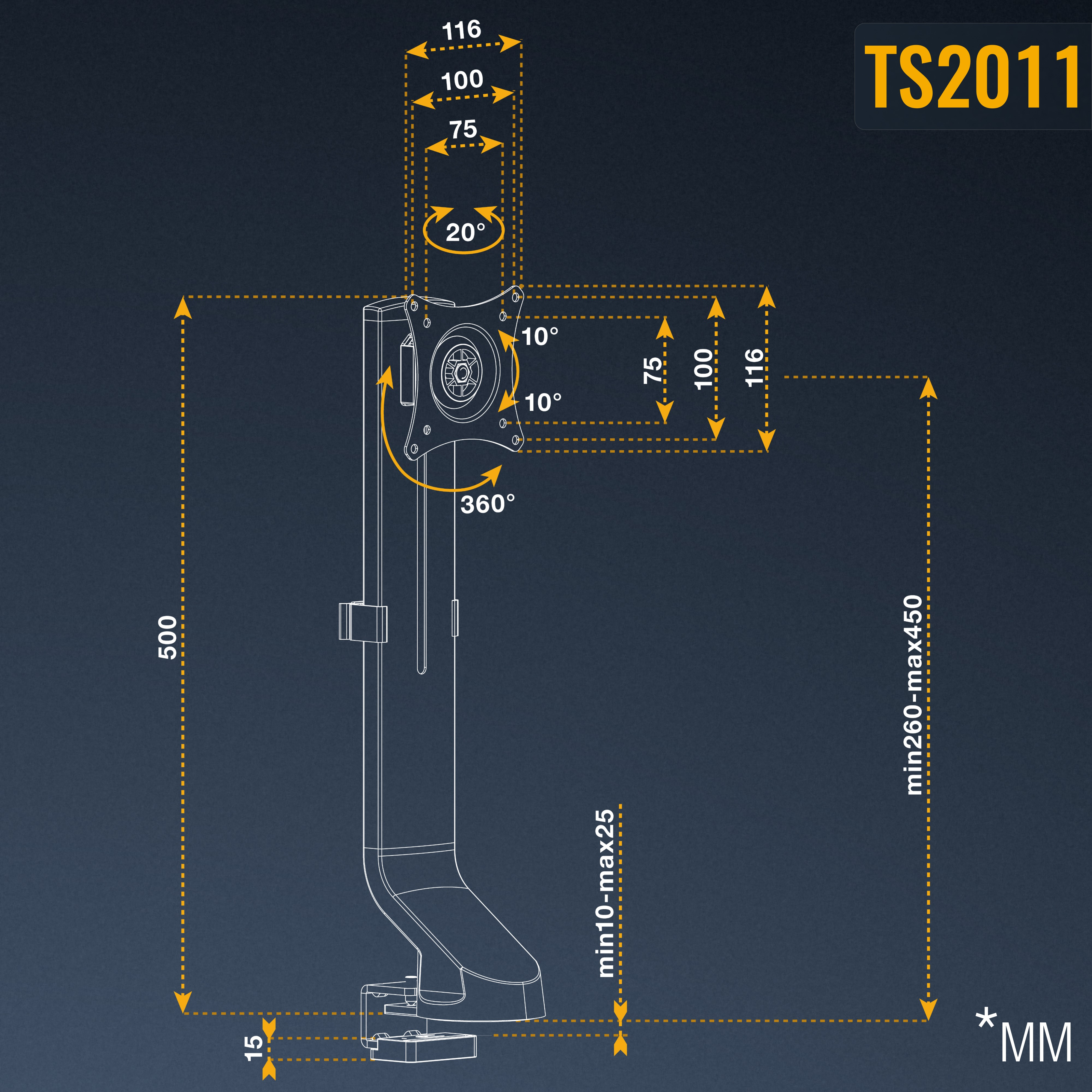 Technische Zeichnung eines Monitorarms, die Abmessungen, Drehung und Montage-Details vor einem dunkelblauen Hintergrund zeigt.