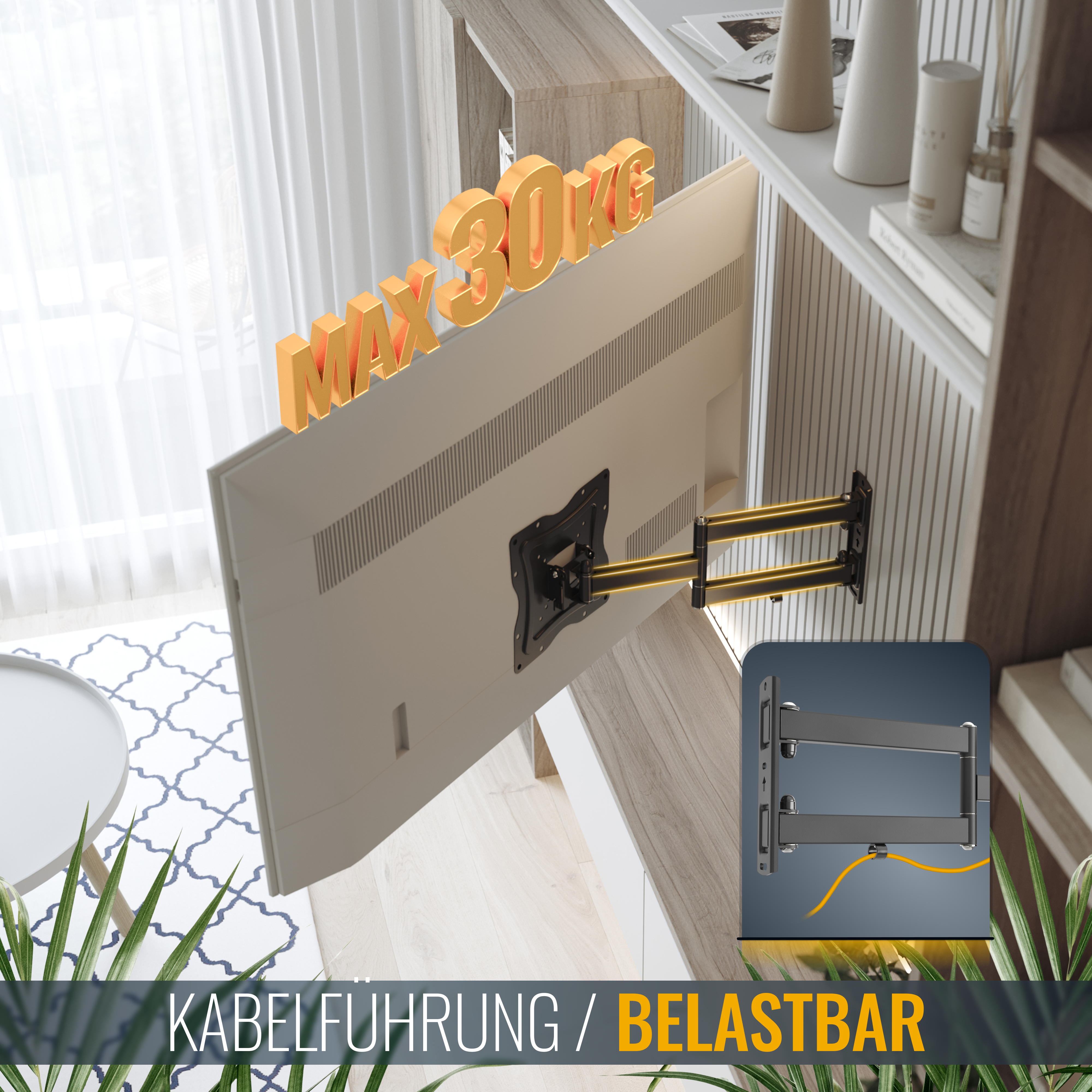 Ein Fernseher an einer Wandhalterung, mit Kabelführung und Gewichtsbeschränkungen.