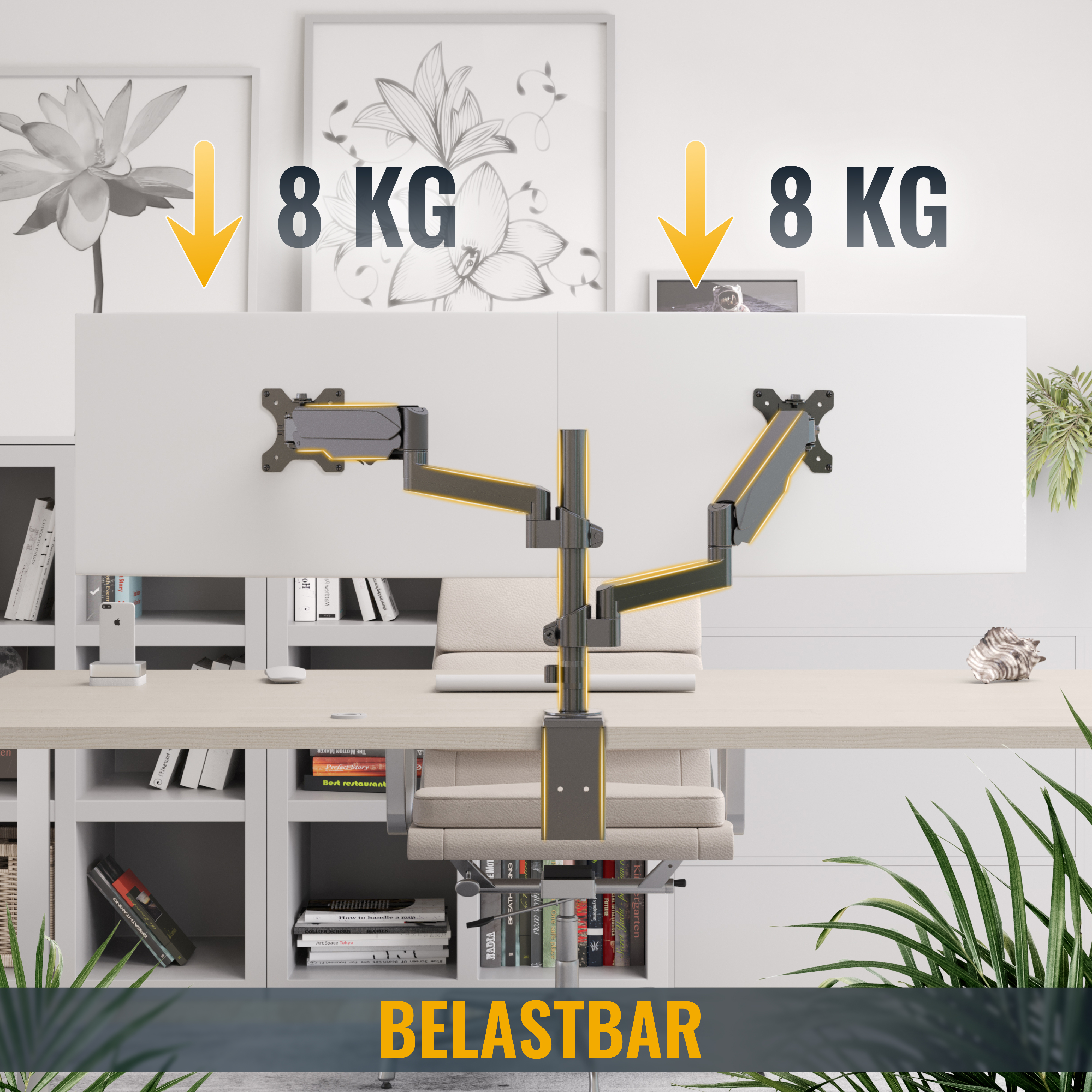 Zwei Monitore sind an einem Schreibtischständer montiert, jeder kann 8 kg halten.