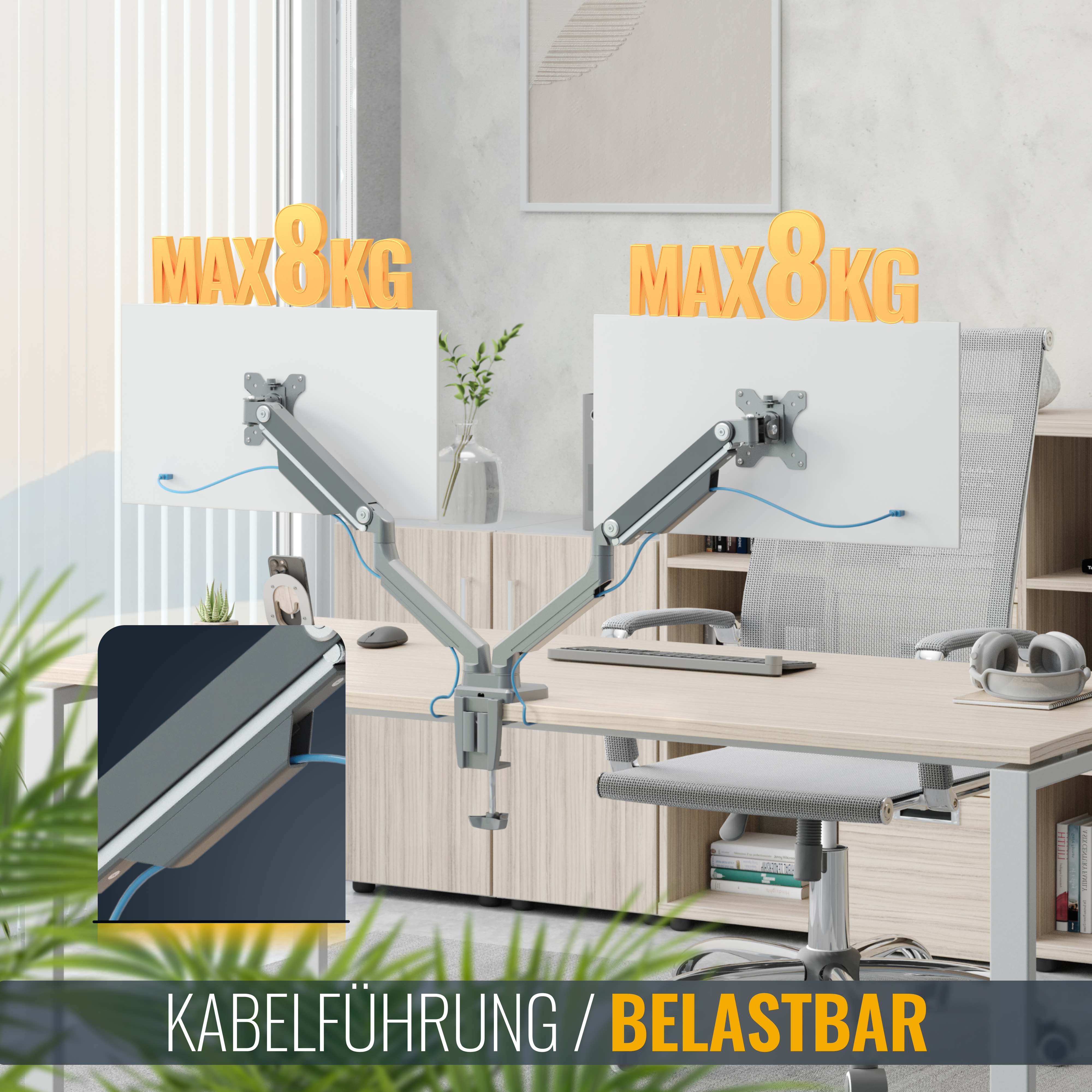 Zwei Monitorarme sind auf einem Schreibtisch mit Computern und Zubehör montiert, jeder mit einer maximalen Tragfähigkeit von 8 kg.