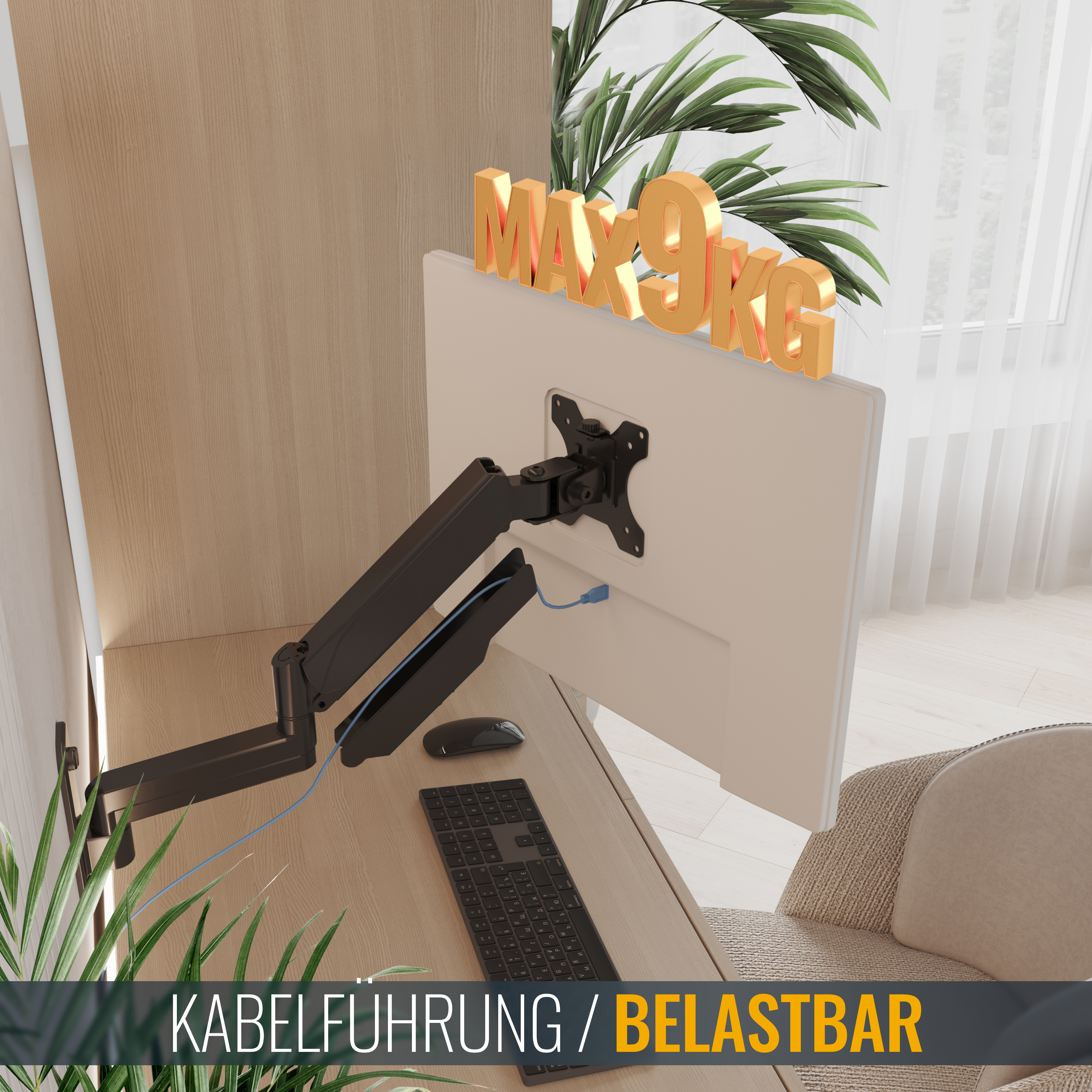 Ein Monitorarm wird gezeigt, montiert an einem Schreibtisch mit Tastatur und Maus, mit einer maximalen Tragfähigkeit von 9 kg.