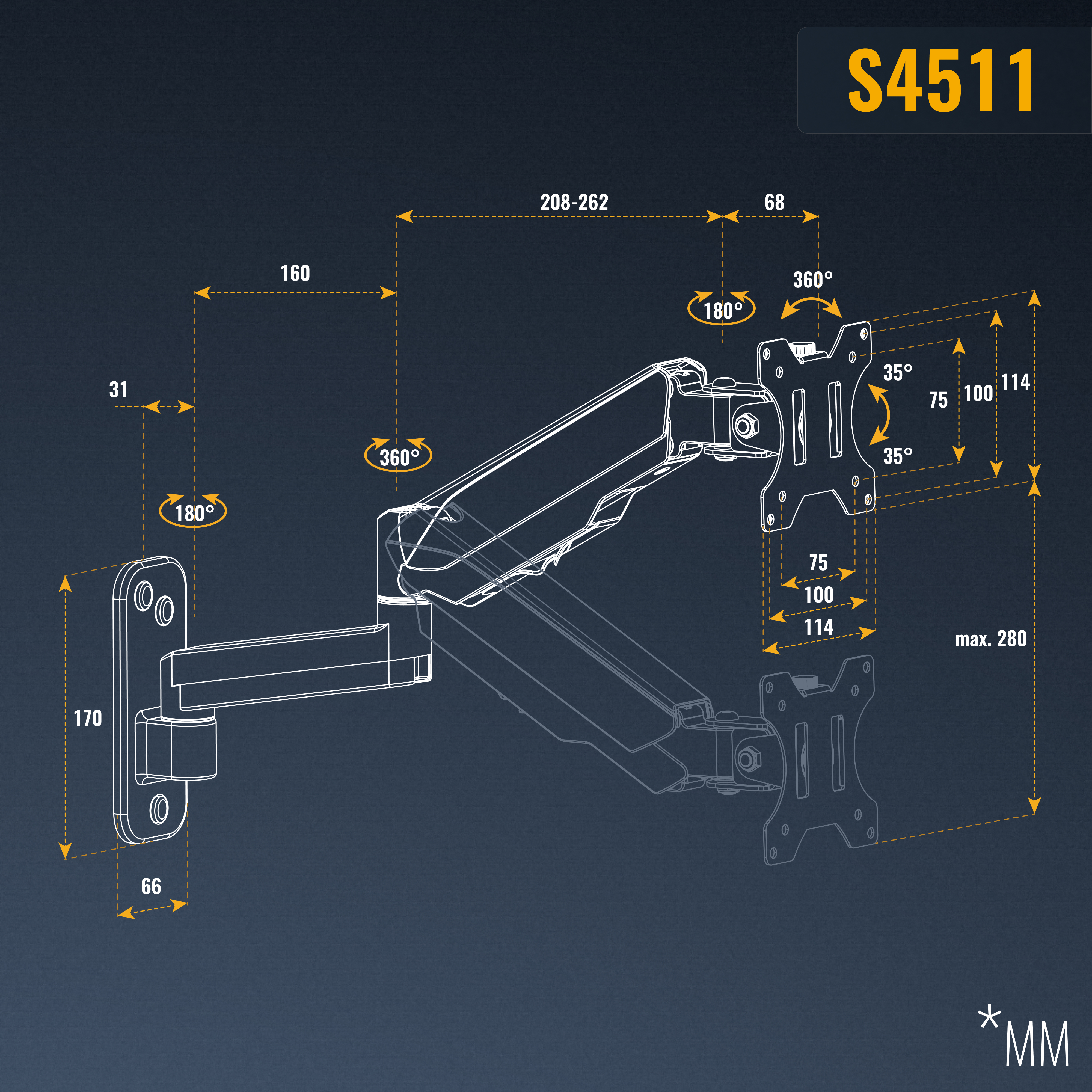 Diagramm eines schwarzen Monitorarmständers mit Maßen in Millimetern, dargestellt in gelben Linien auf dunkelblauem Hintergrund.