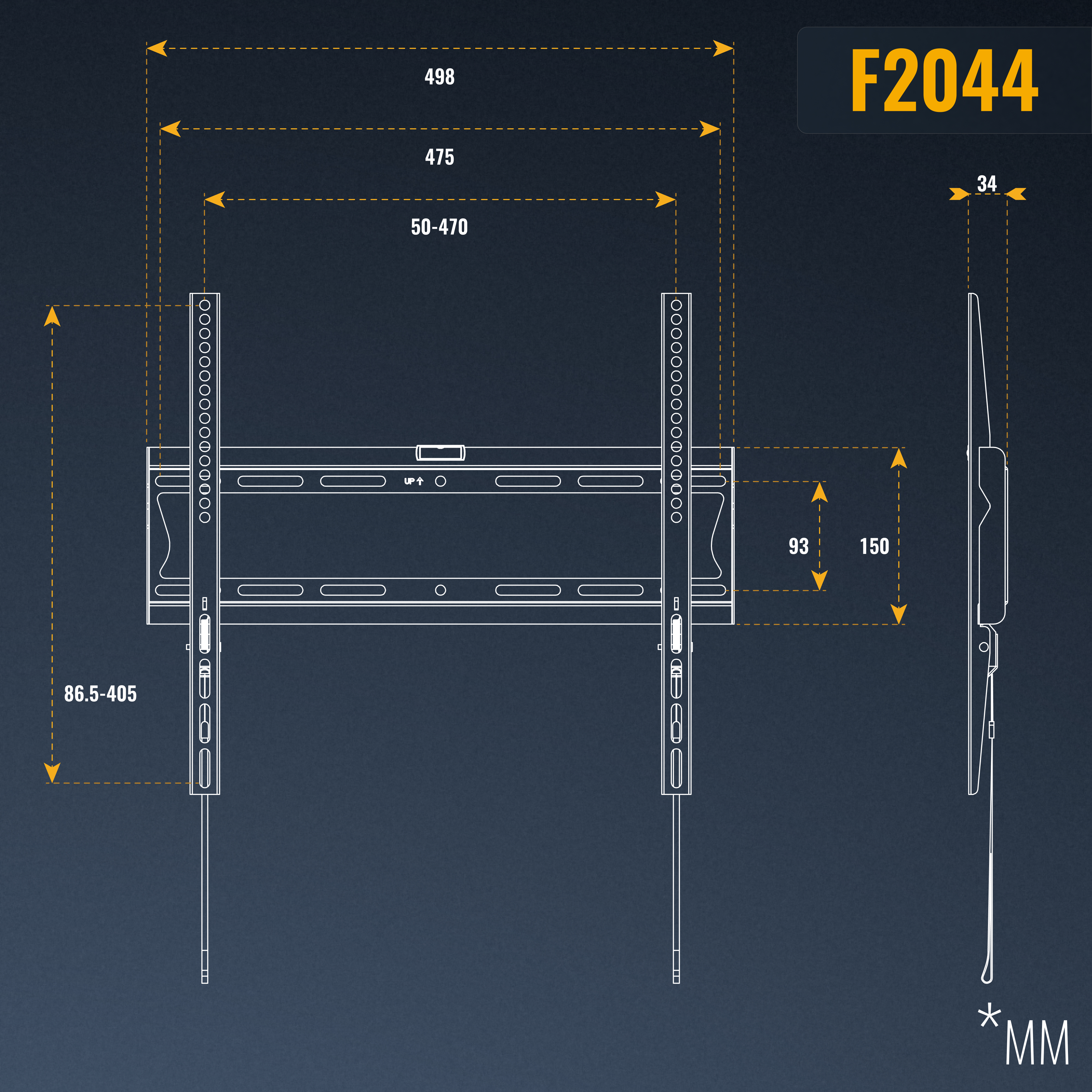 Eine technische Zeichnung zeigt eine TV-Halterung mit Maßen, einschließlich einer Breite von 498 mm und anderen Abmessungen.
