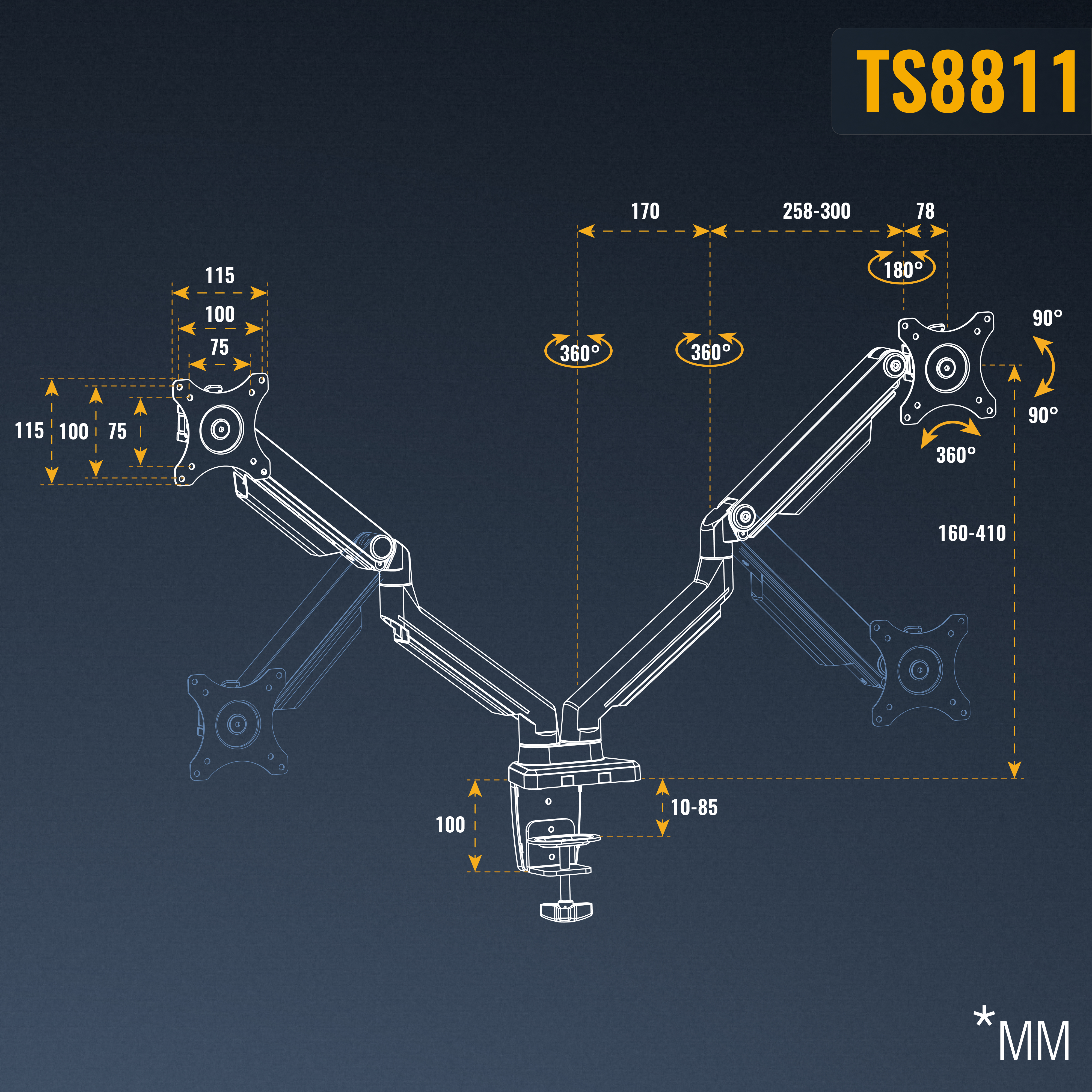 Diagramm eines Dual-Monitorarmständers mit Maßen in Millimetern, dargestellt in gelben Linien auf dunkelblauem Hintergrund.