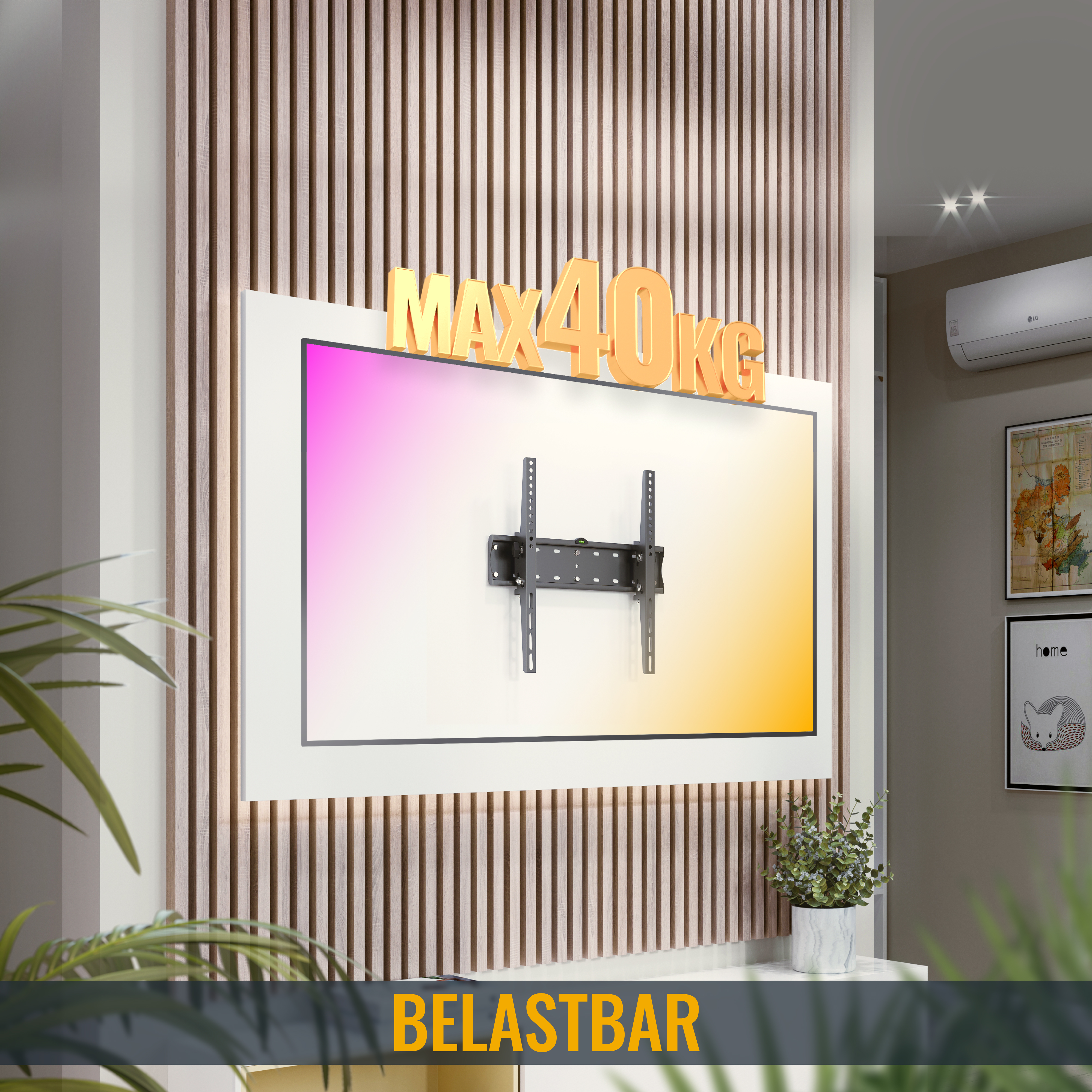 Eine TV-Halterung, die einen rosa-gelben Bildschirm hält, wird an einer gestreiften Wand gezeigt.