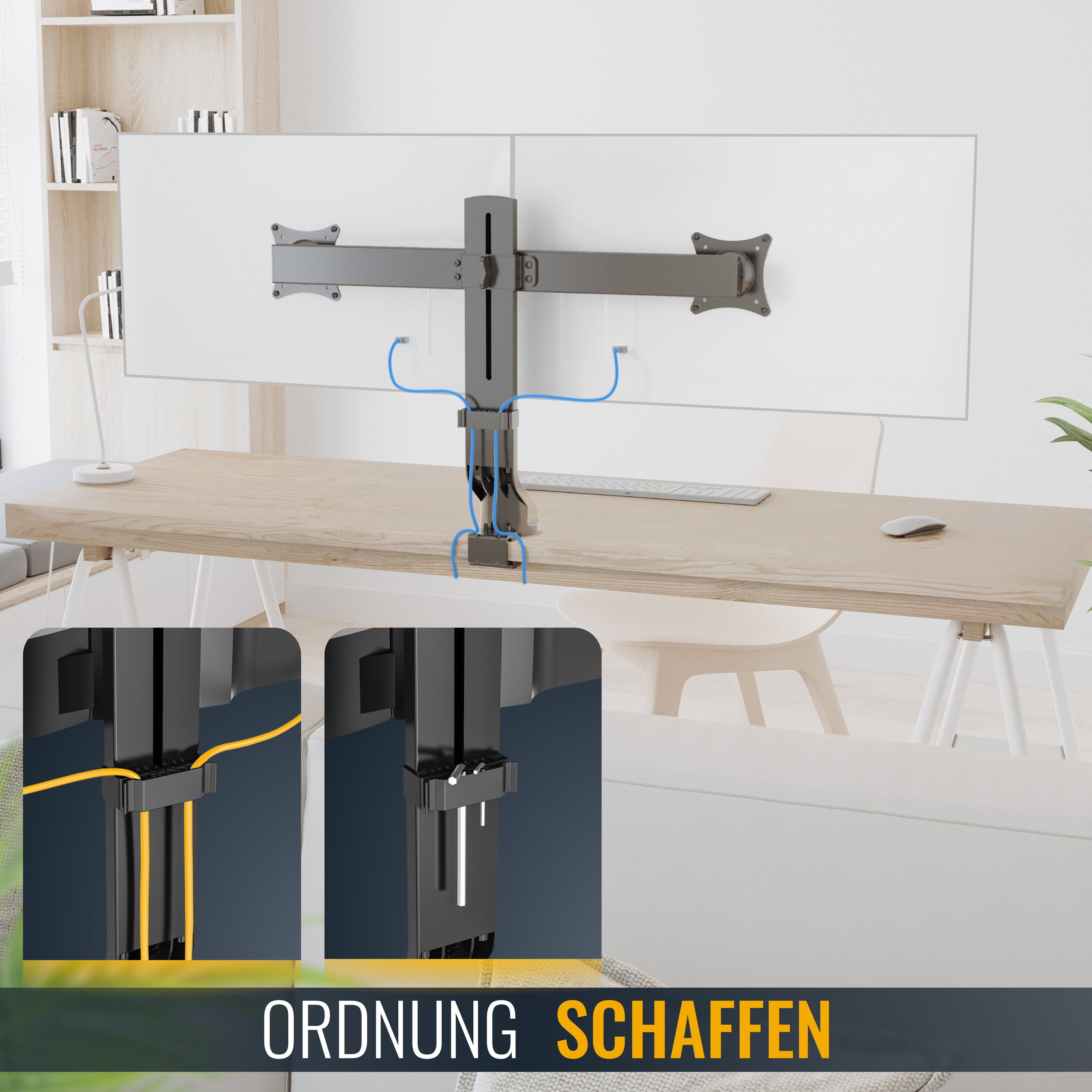 Anweisungen zum Zusammenbau eines Monitorarms mit Arm und Kabeln. Text auf Deutsch: 'Ordnung Schaffen'.