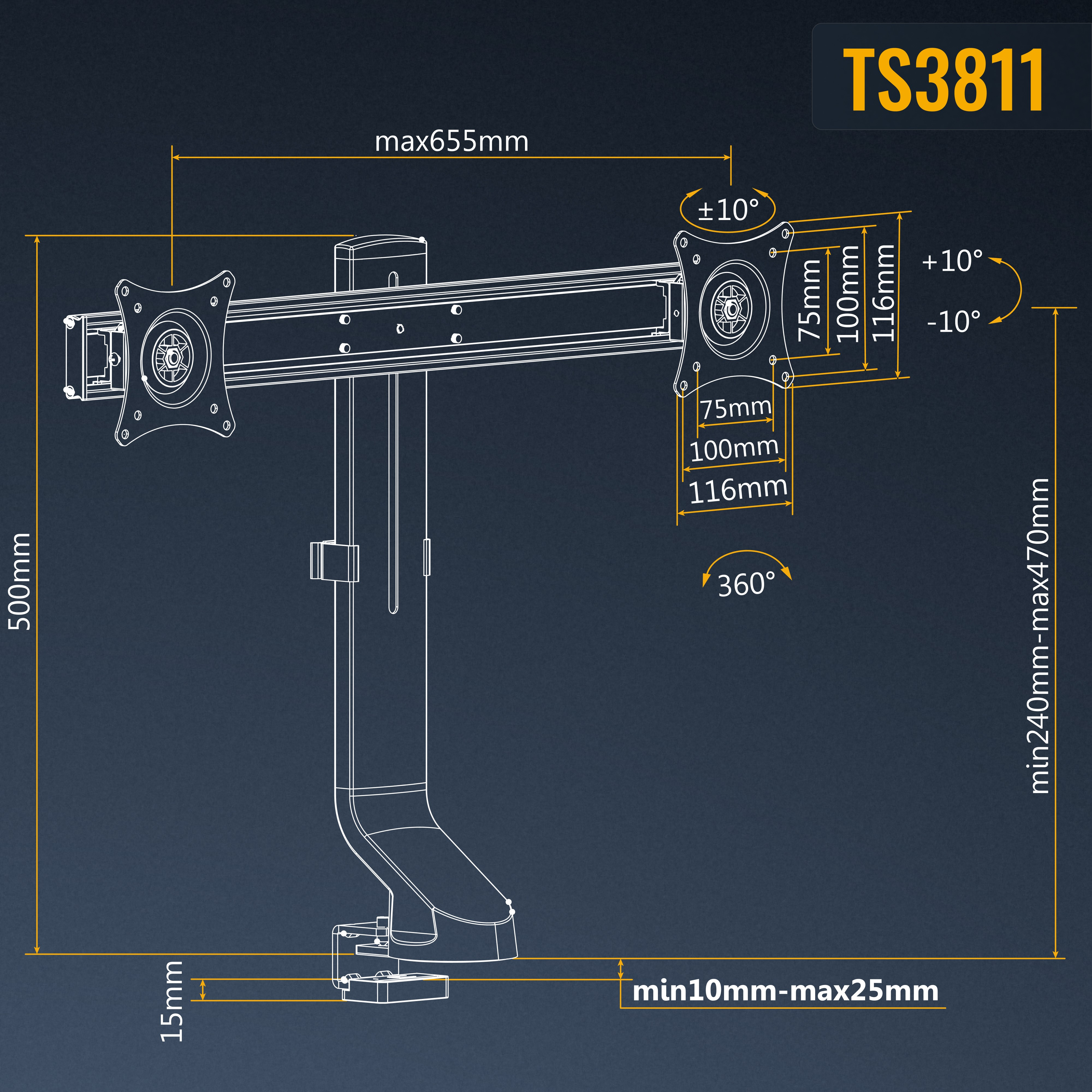 Technische Zeichnung eines Monitorarms mit Maßen und Winkeln. Der Arm ist schwarz, mit Abmessungen.