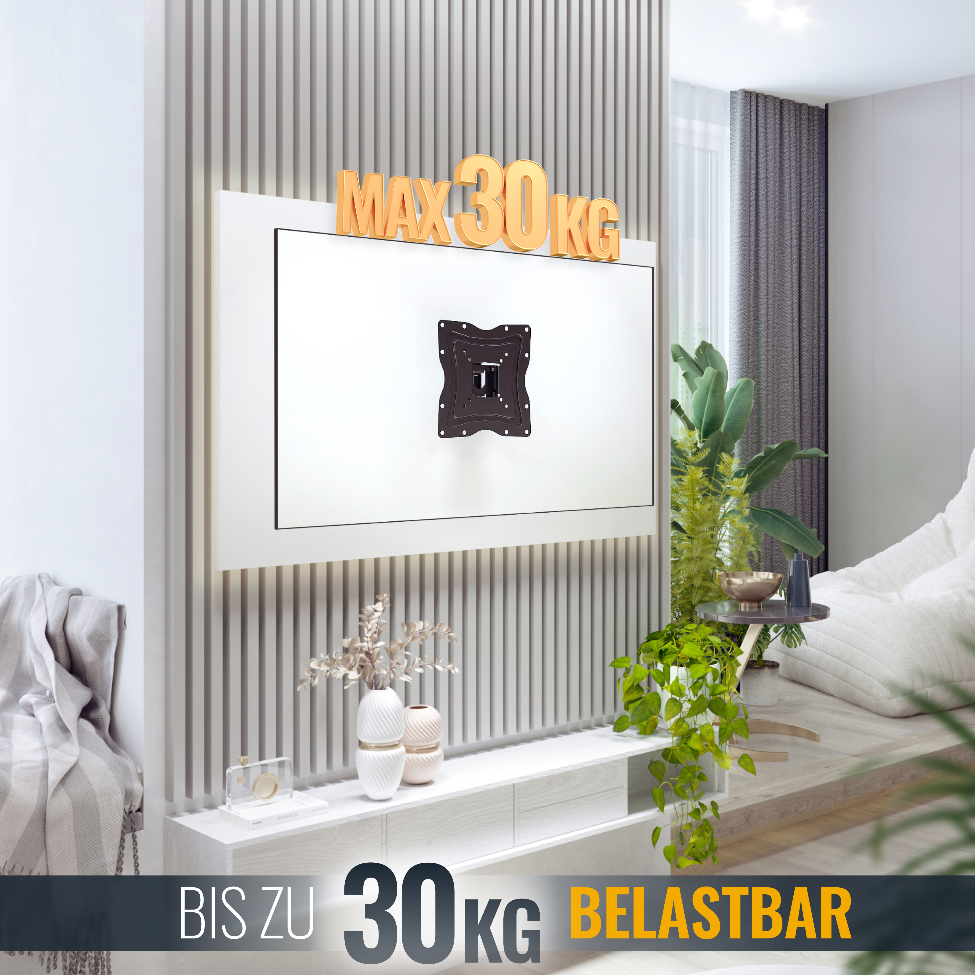 Fernseher an der Wand mit Halterung und Text "MAX 30KG".