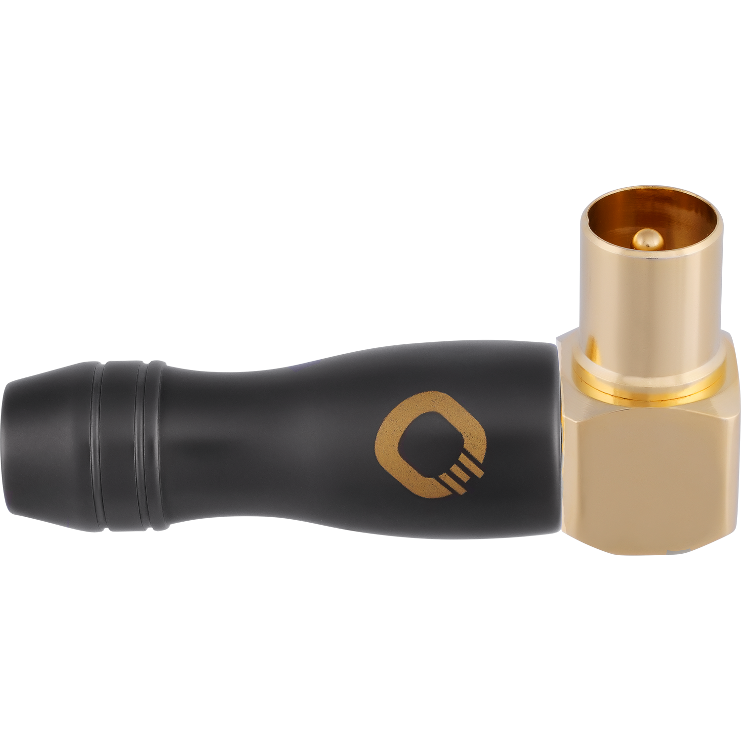 Schwarzer Stecker mit goldenem Stecker, mit Firmenlogo auf schwarzem Hintergrund.