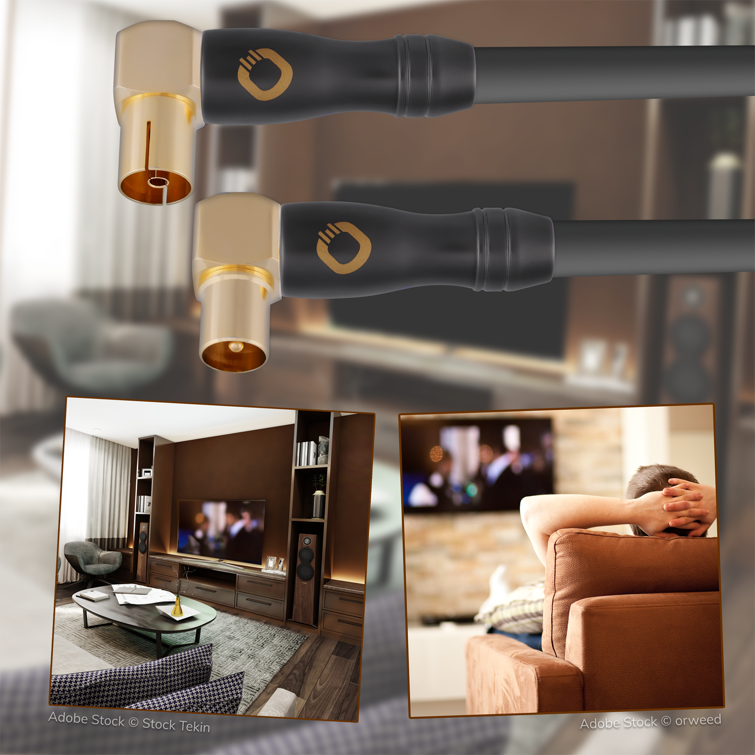 Zwei Winkelstecker und Kabel, Wohnzimmer mit Fernseher.