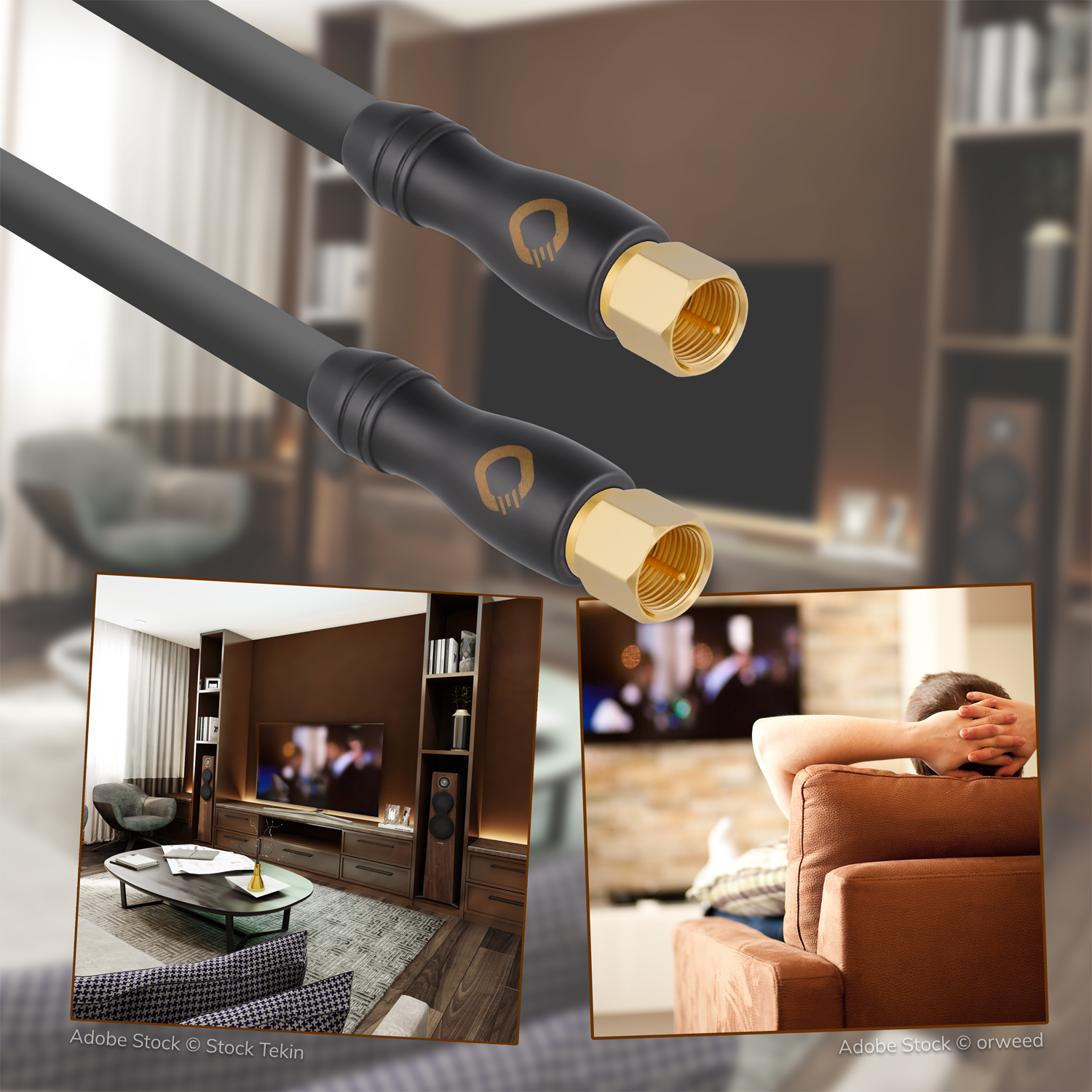 Zwei schwarze Kabel mit Goldsteckern und eine Wohnzimmerszene.