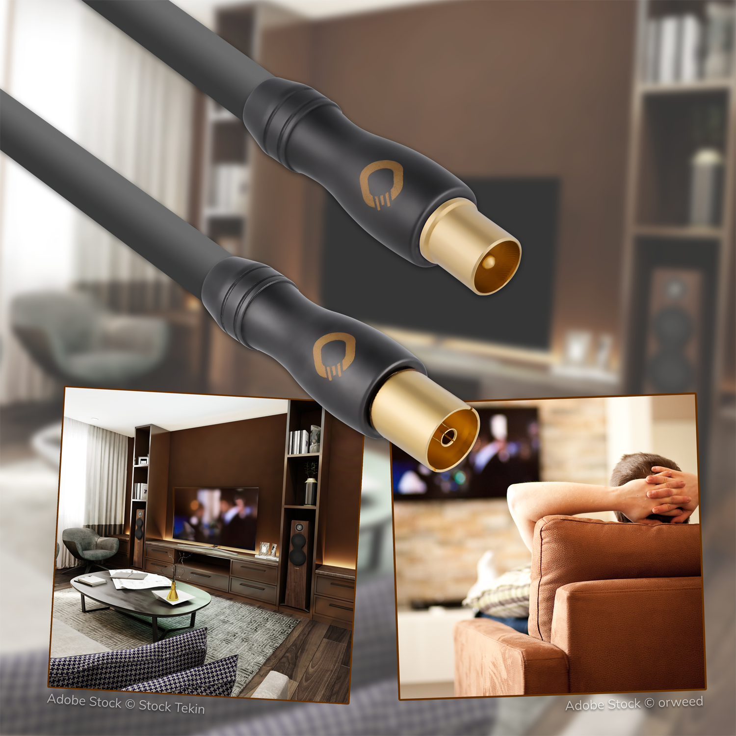 Zwei schwarze Kabel mit Goldsteckern und eine Wohnzimmerszene.