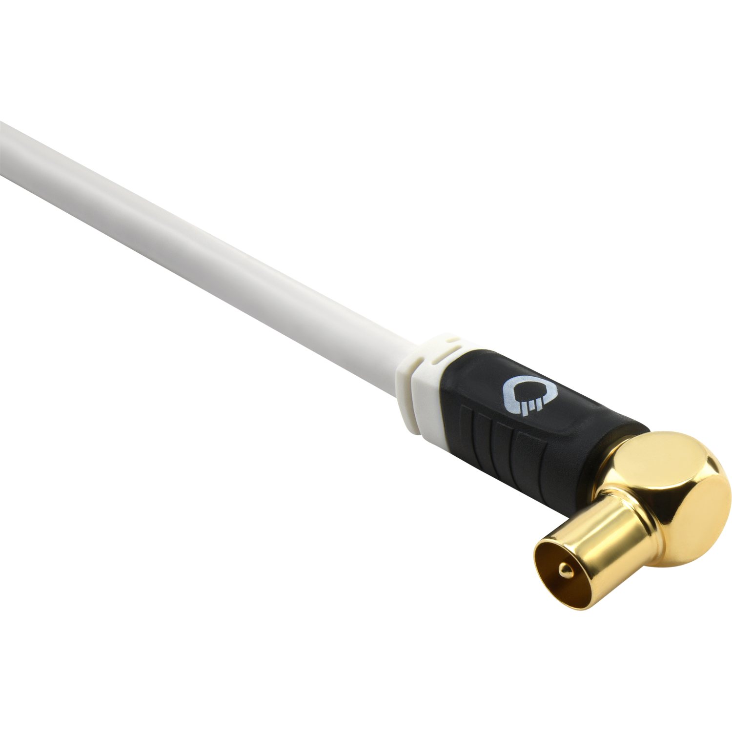 Weißes Kabel mit schwarzem und goldenem Winkelstecker vor schwarzem Hintergrund.