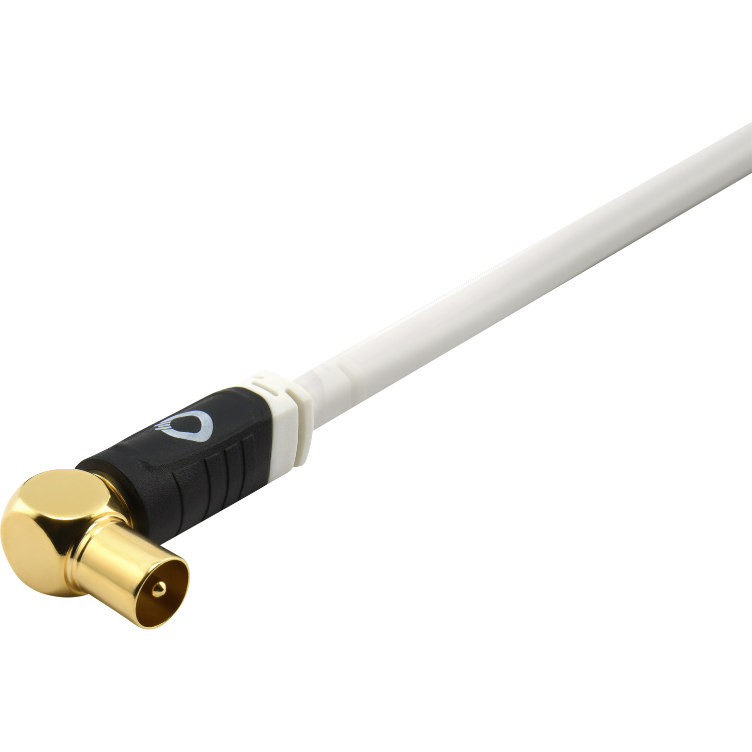 Ein weißes Kabel mit einem schwarzen und goldenen Winkelstecker.
