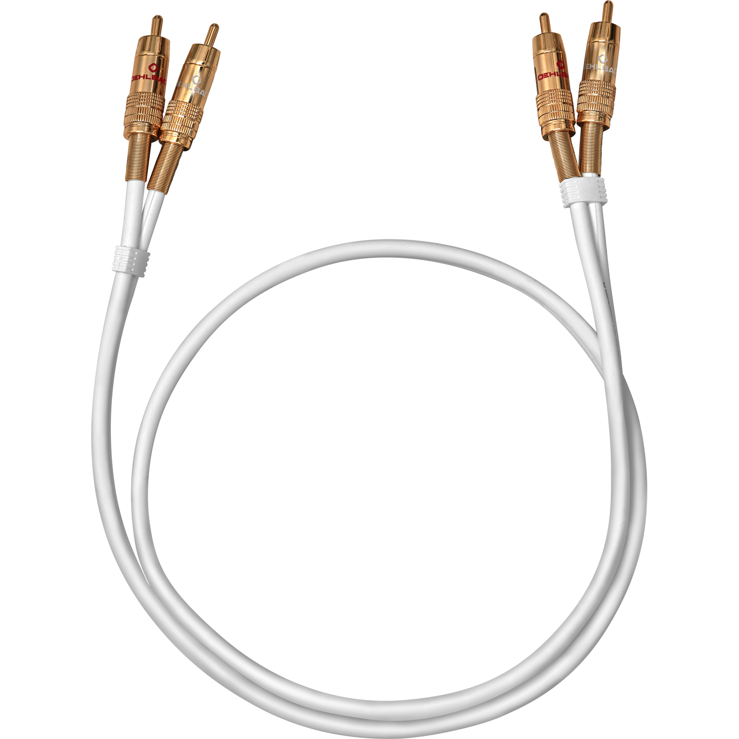 Zwei weiße Cinch-Kabel mit Goldsteckern auf schwarzem Hintergrund.
