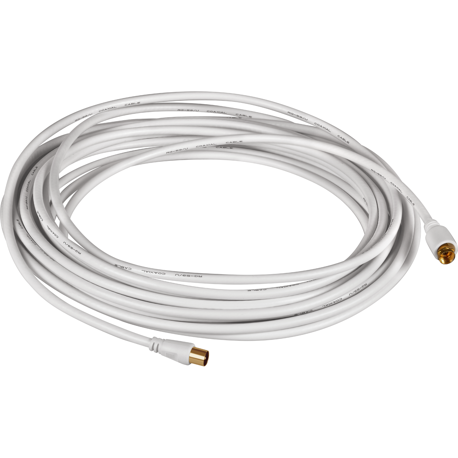 Biały kabel koncentryczny zwinięty na czarnym tle. Złote złącza.