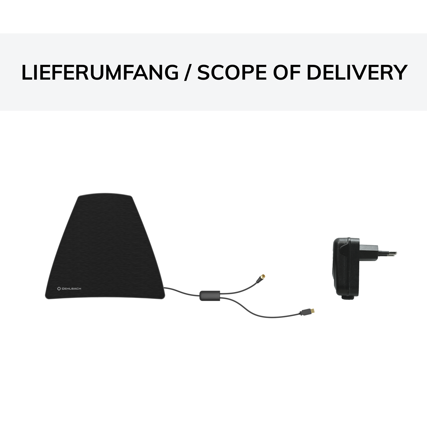 Schwarze Antenne mit Kabel und Stecker. Weißer Hintergrund. Titel: LIEFERUMFANG.