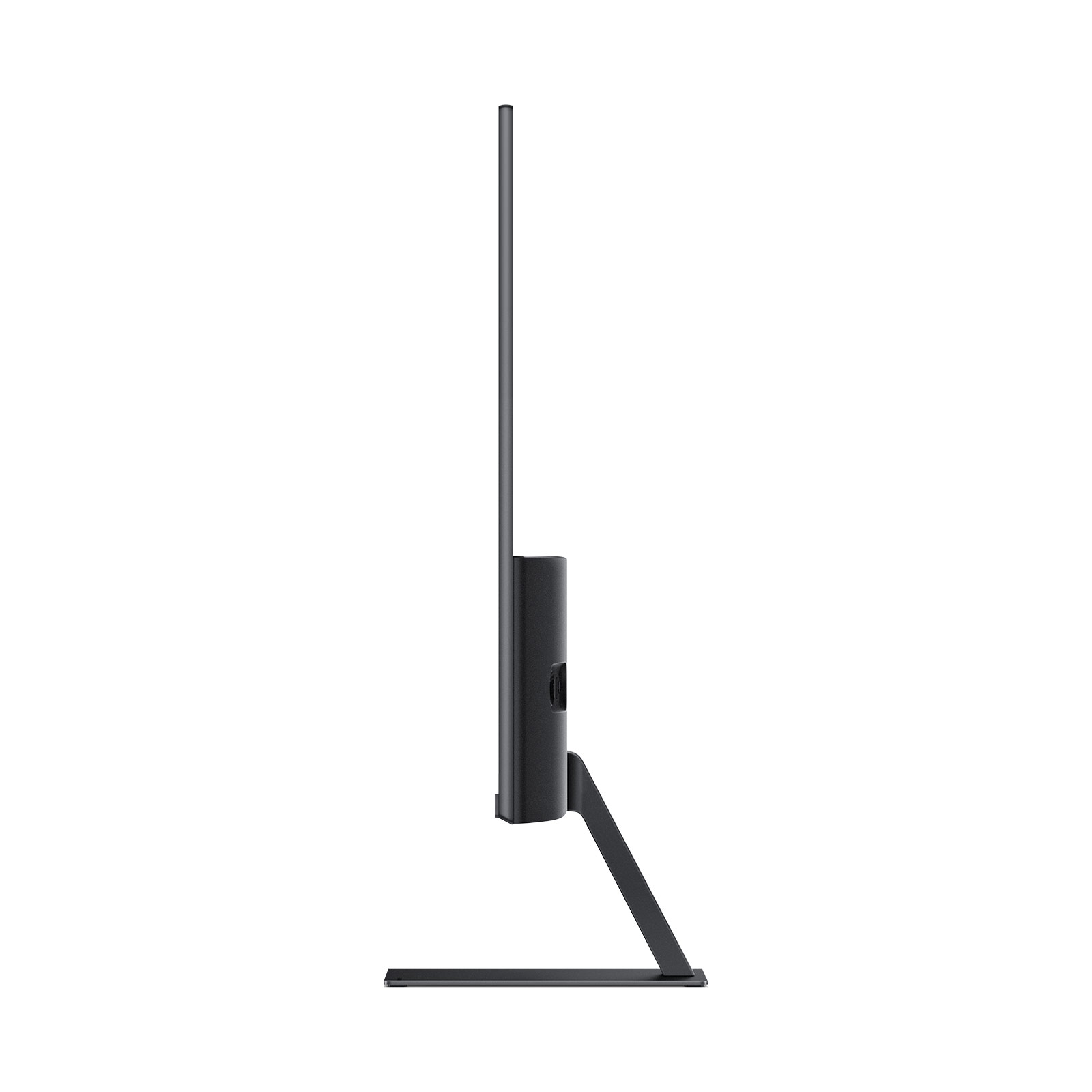 Vue latérale d'un moniteur d'ordinateur noir avec un cadre fin, un pied et une base. Le fond est blanc.