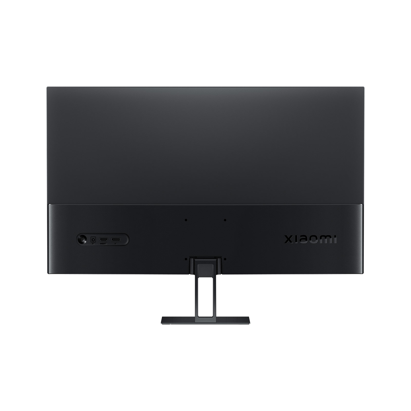 L'arrière d'un moniteur Xiaomi noir. Les ports et le nom de la marque sont visibles. Il repose sur un support noir.