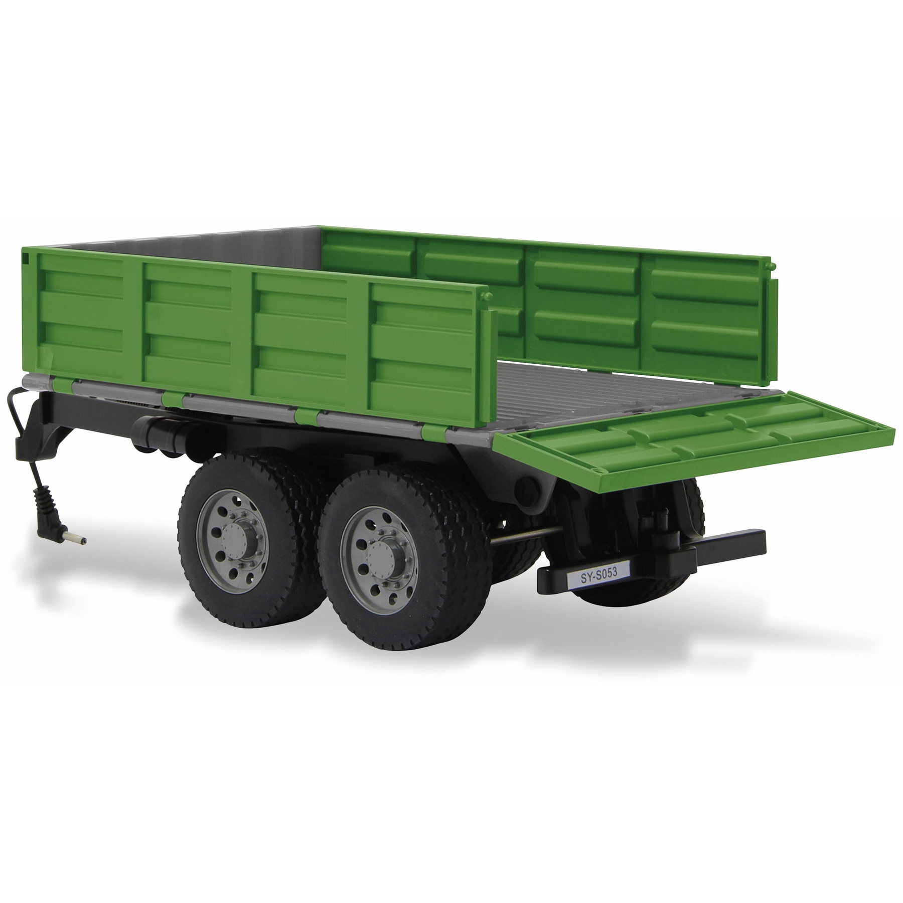 Ein grüner Spielzeug-LKW-Anhänger mit zwei Rädern. Die Rückseite ist offen, auf weißem Untergrund.