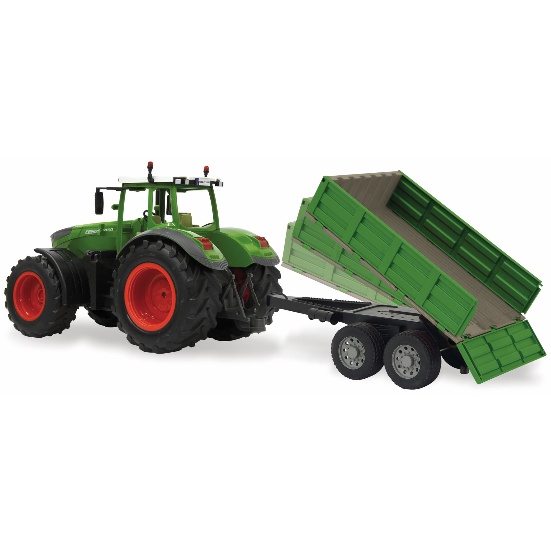 Ein grüner Traktor zieht einen grünen Spielzeug-LKW-Anhänger. Die Rückseite des Anhängers ist offen.