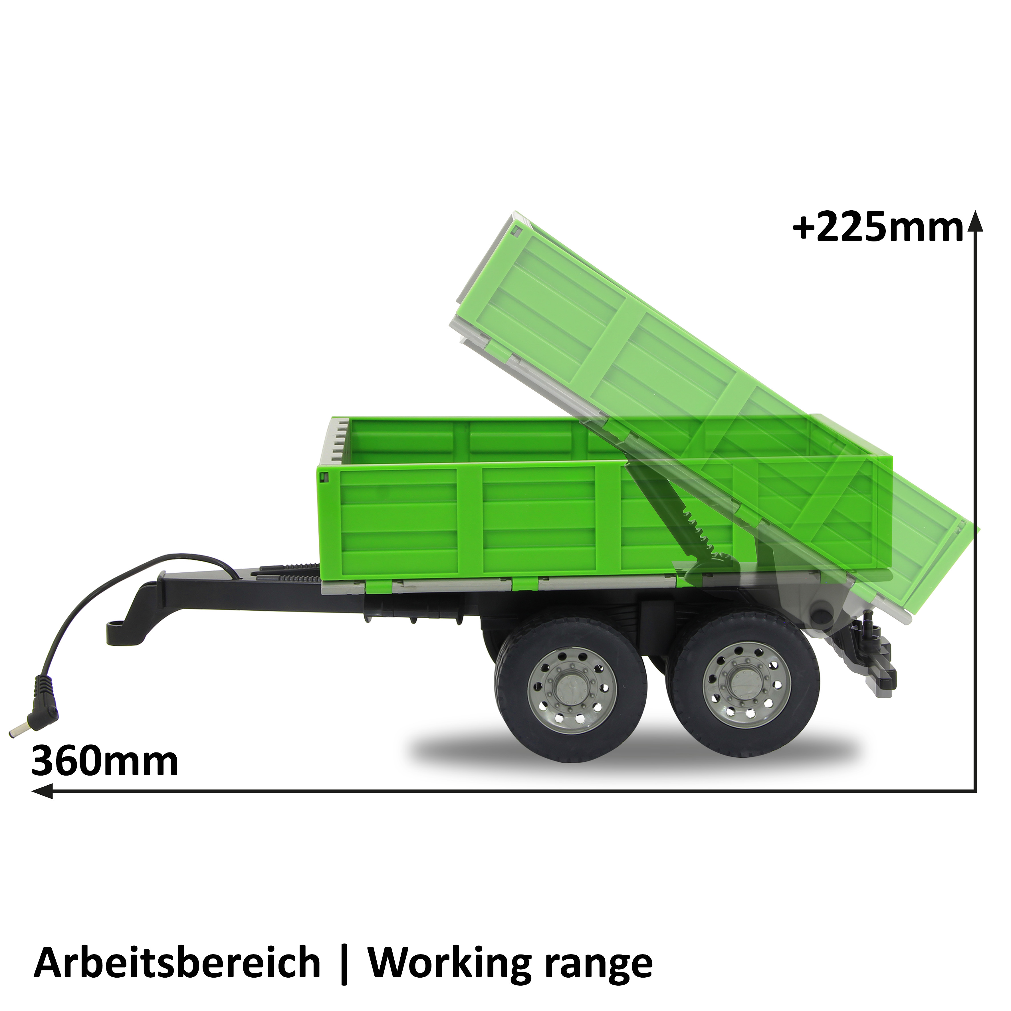 Ein grüner Spielzeuganhänger mit Rädern, die Ladefläche ist nach oben gehoben, um den Bewegungsbereich zu zeigen, zusammen mit Messungen.