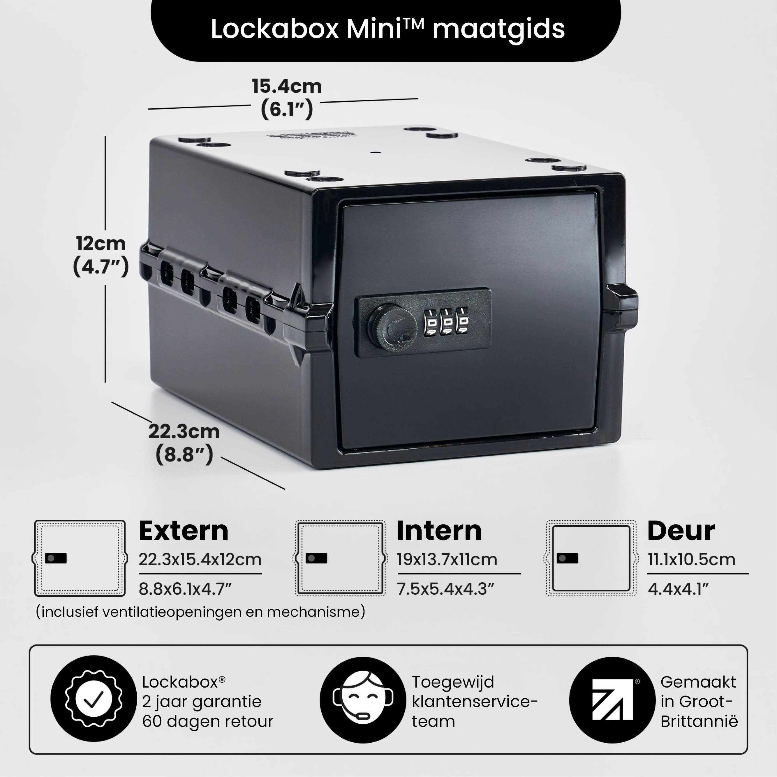 Schwarzer Lockabox Mini-Safe mit Abmessungen. Text: Lockabox Mini-Größenübersicht. Funktionen sind aufgelistet.
