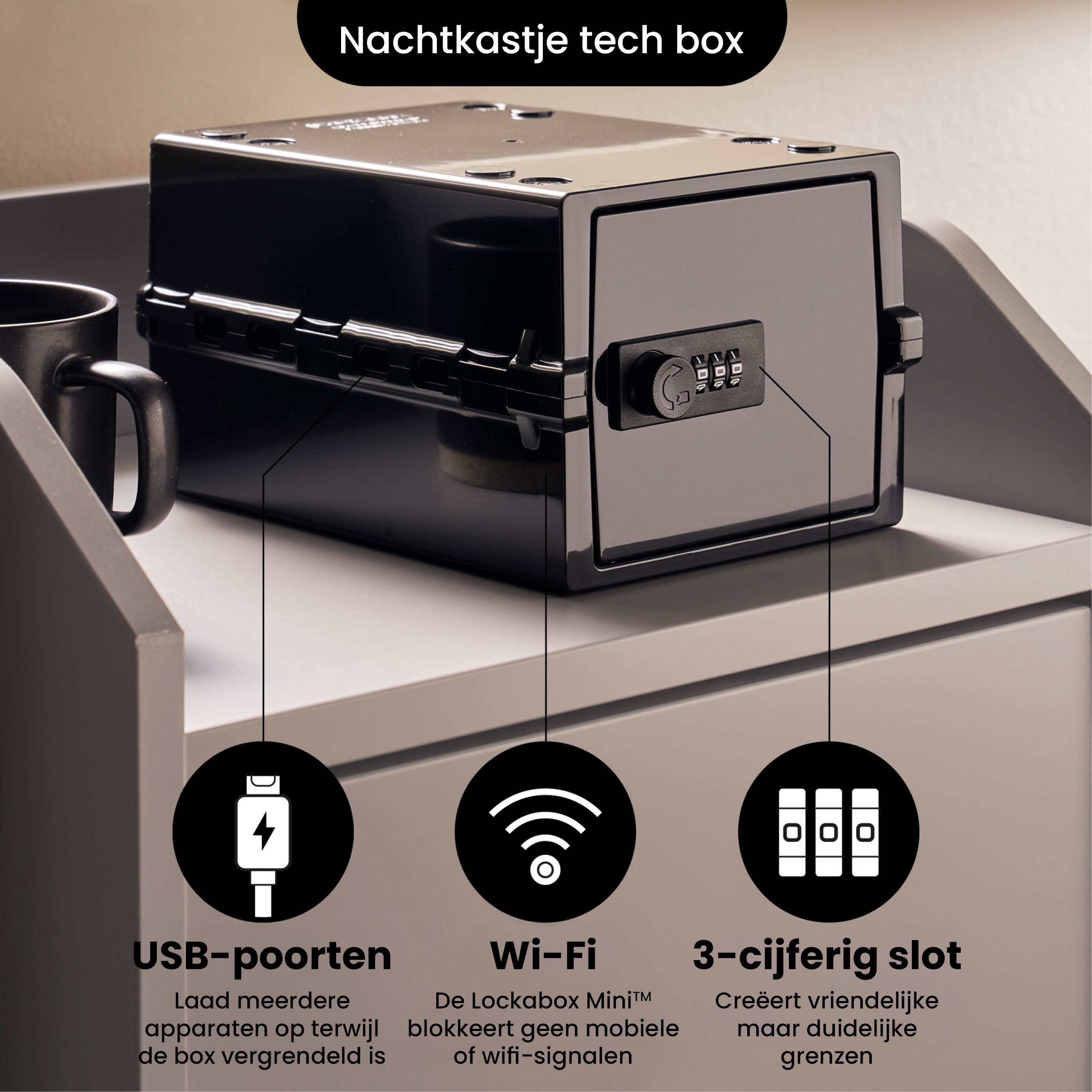 Schwarzer Safe auf grauer Oberfläche. Text: Nachttisch-Tech-Box. Funktionen: USB-Anschlüsse, Wi-Fi, 3-stelliger Verschluss.