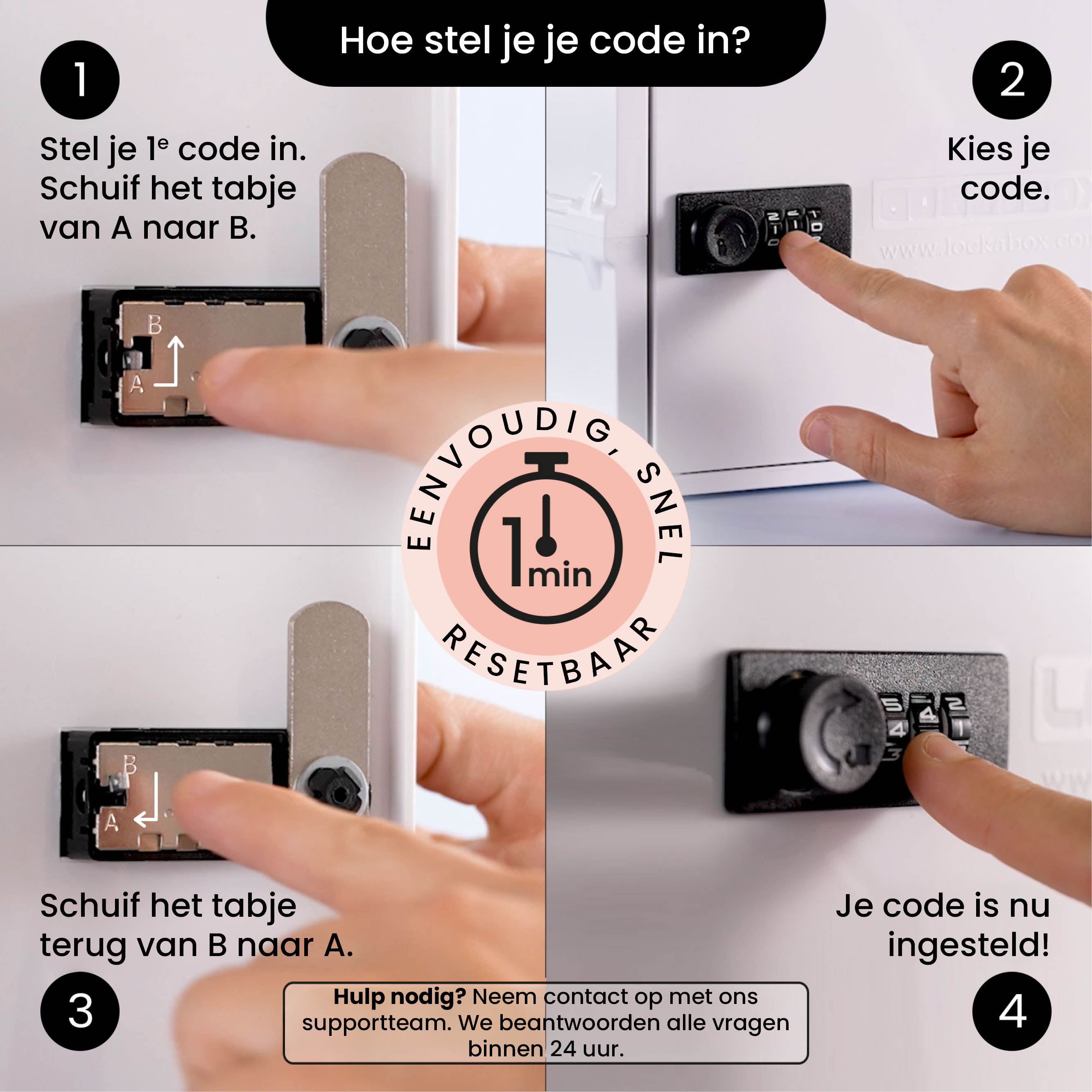 Vier Bilder zeigen, wie man einen Code einrichtet. Der Text lautet: 1. Ersten Code einstellen. 2. Code auswählen. 3. Lasche zurückschieben. 4. Code gesetzt.