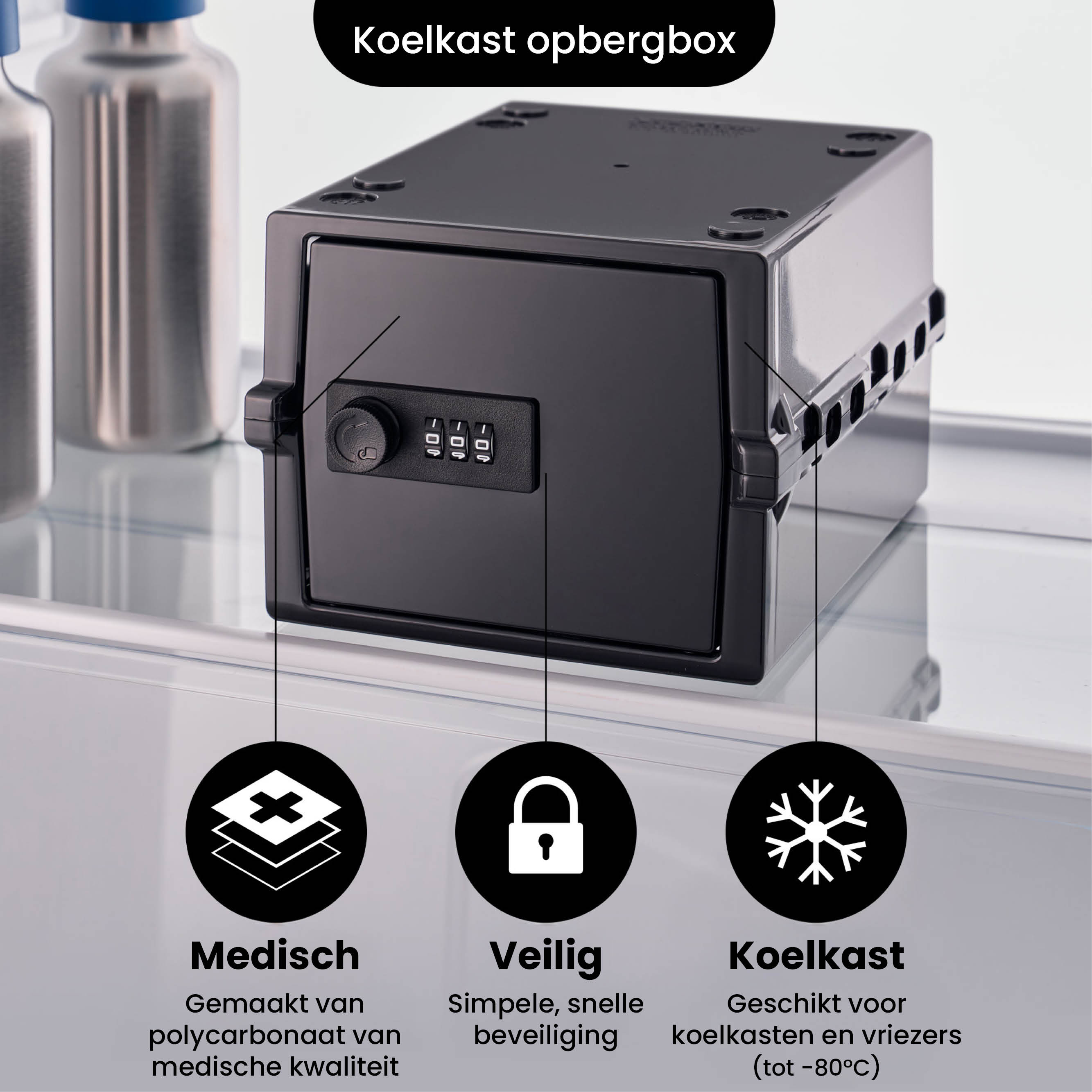 Eine schwarze medizinische Aufbewahrungsbox mit Zahlenschloss. Sie hat Symbole für medizinische, sichere und Kühlschranknutzung. Der Hintergrund ist unscharf.