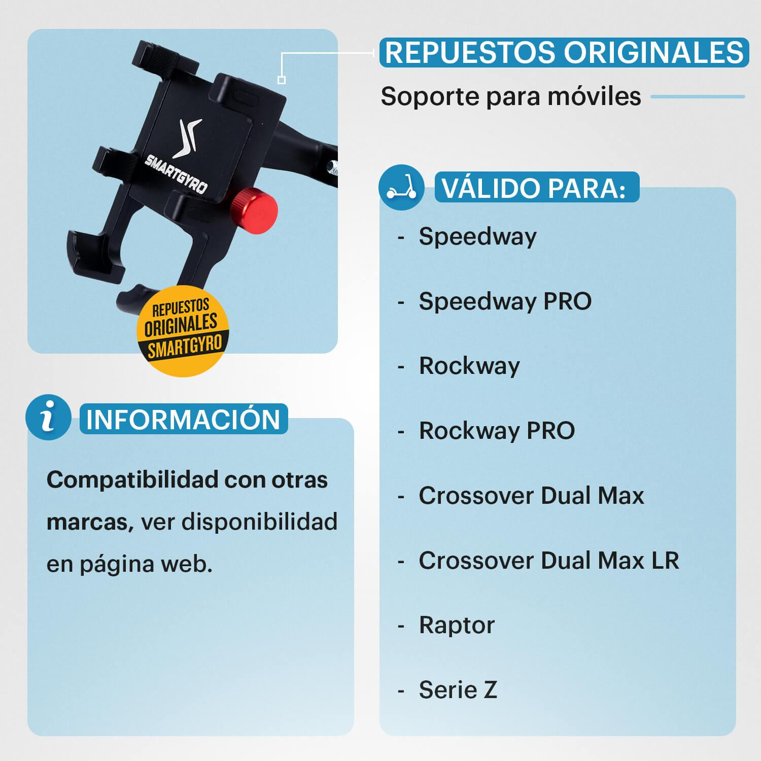 Soporte negro para teléfono con perilla roja. Texto en español. Fondo azul con nombres e información del producto.
