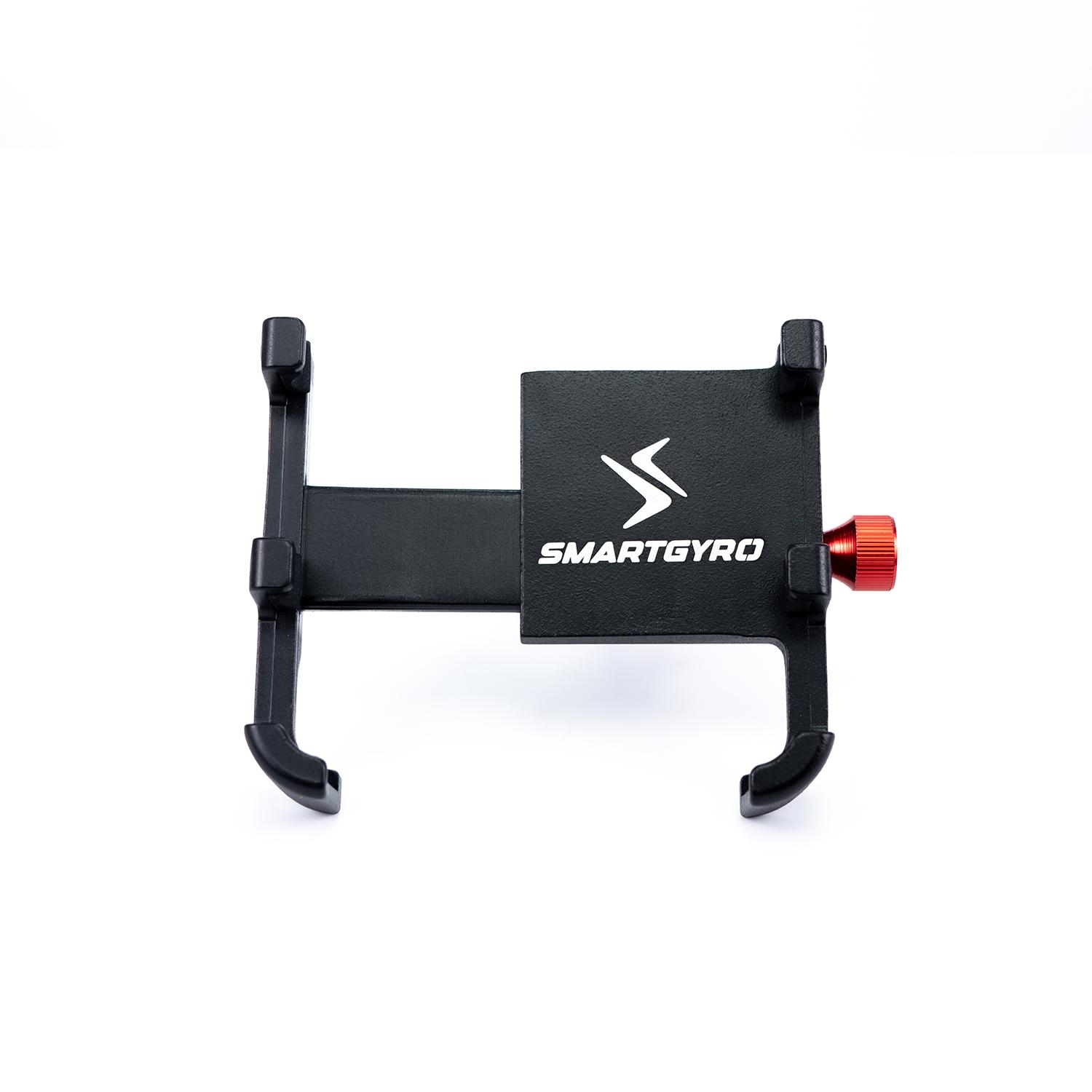 Un soporte para teléfono Smartgyro negro con una perilla roja, sobre un fondo blanco. Está diseñado para sujetarse a un manillar.
