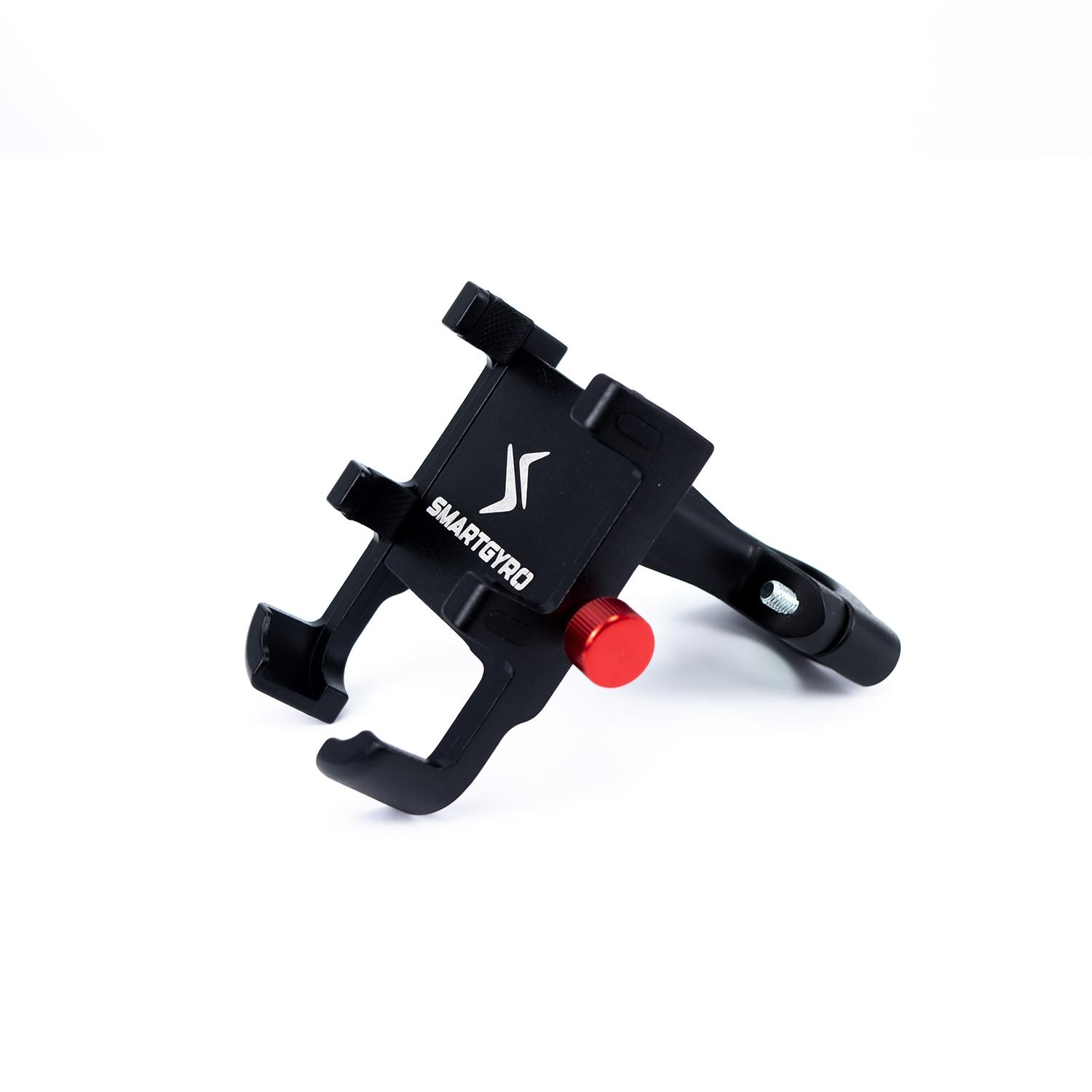 Soporte de teléfono negro con perilla roja sobre fondo blanco. La marca es SMARTGYRO.