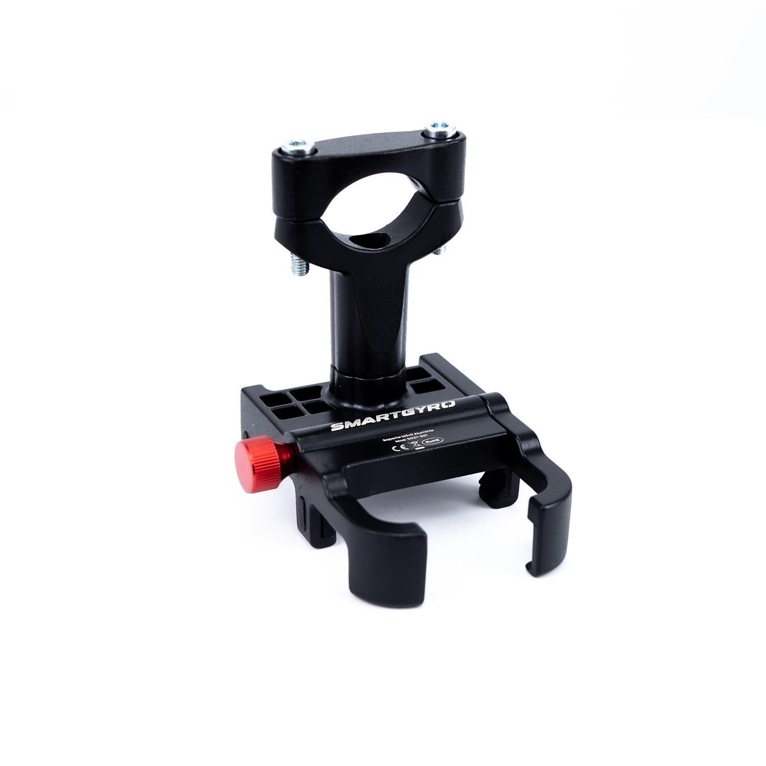 Soporte negro para teléfono con perilla roja, sobre un fondo blanco. Tiene un logotipo de SmartGyro.