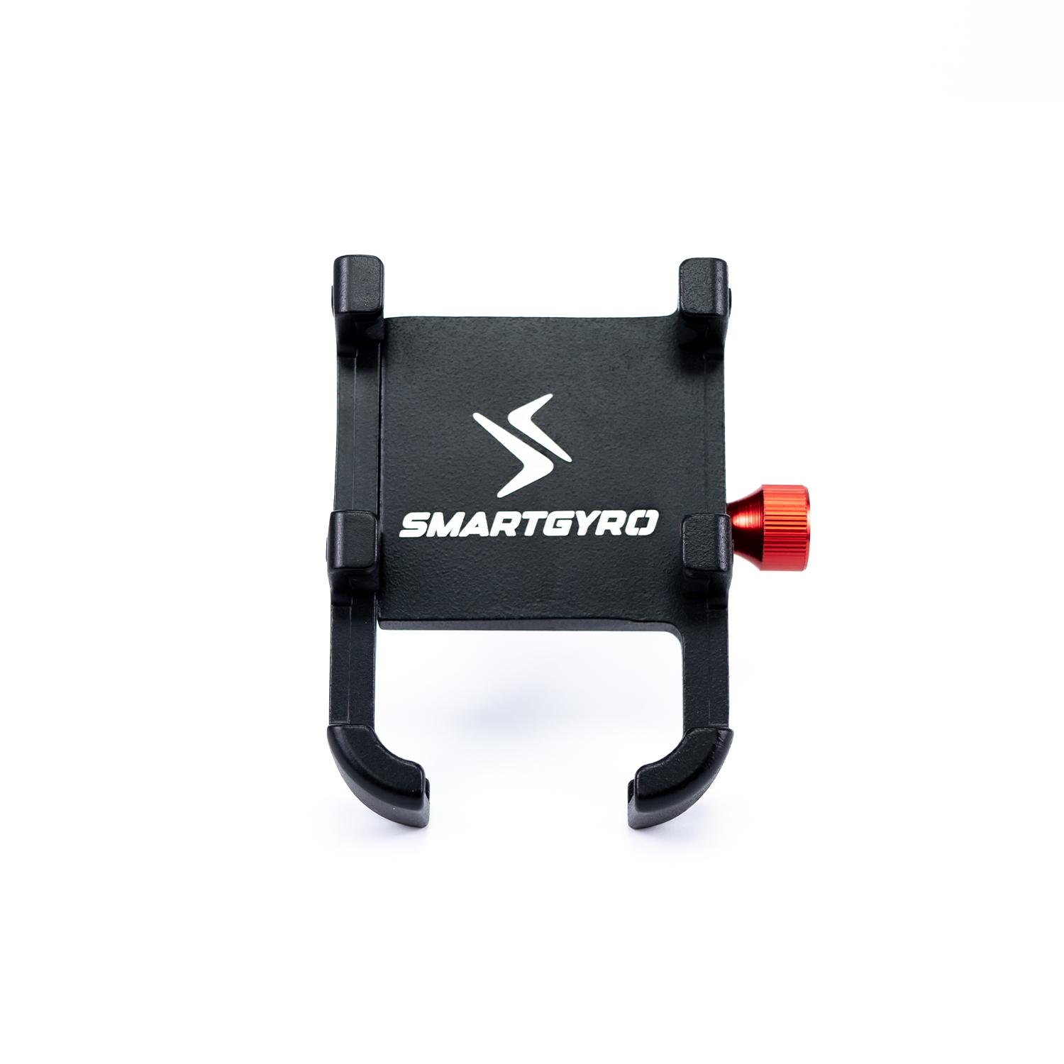 Soporte de teléfono negro con perilla roja sobre fondo blanco. La marca es SMARTGYRO.