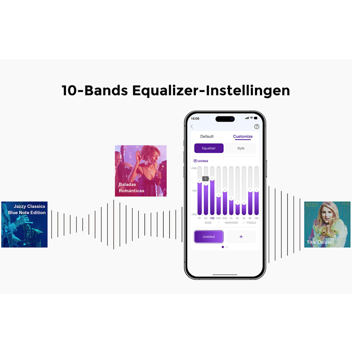 Un écran de téléphone affiche une interface d'égaliseur. Des pochettes d'albums et des titres de musique entourent l'écran sur fond blanc.