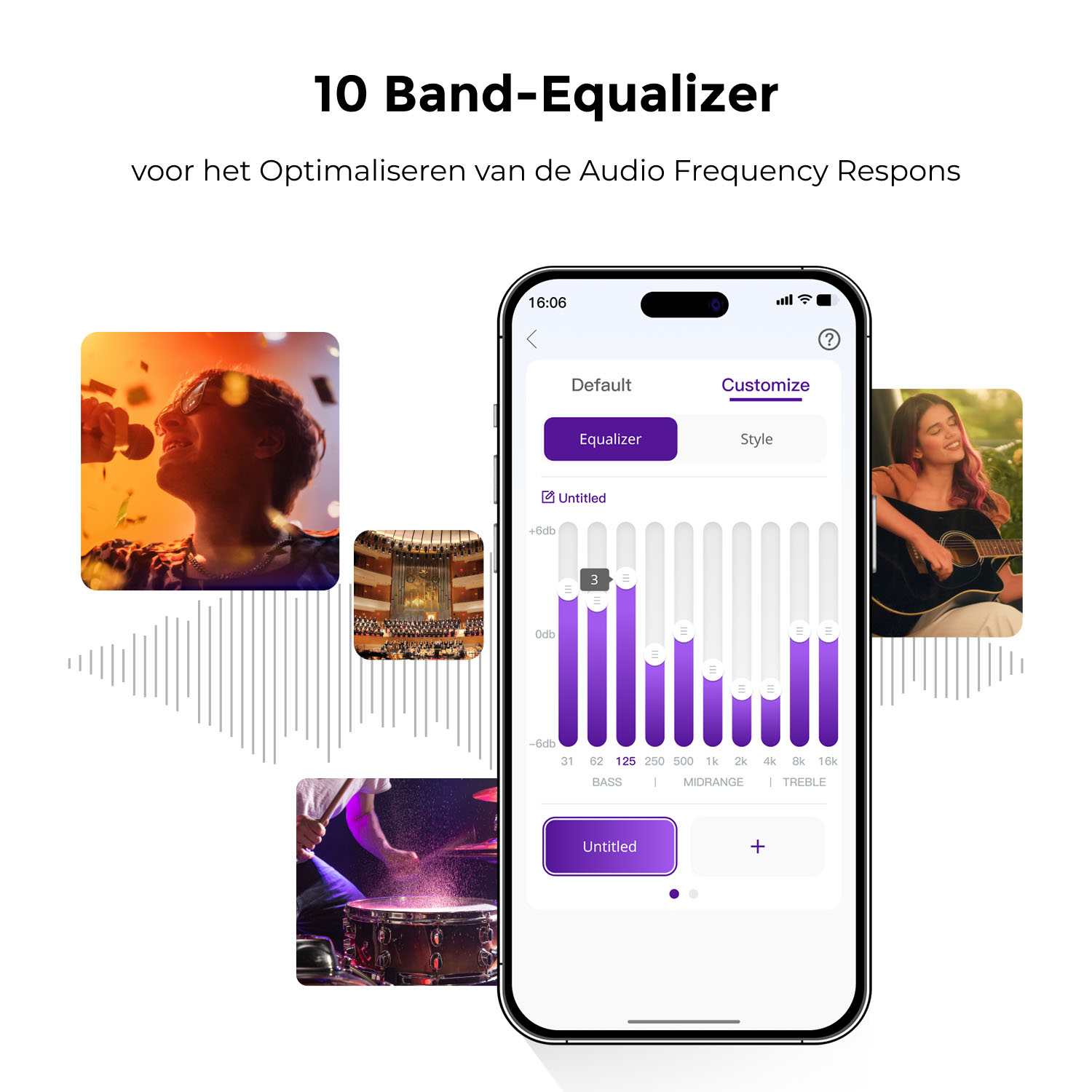 Le smartphone affiche une interface d'égaliseur entourée d'images musicales.