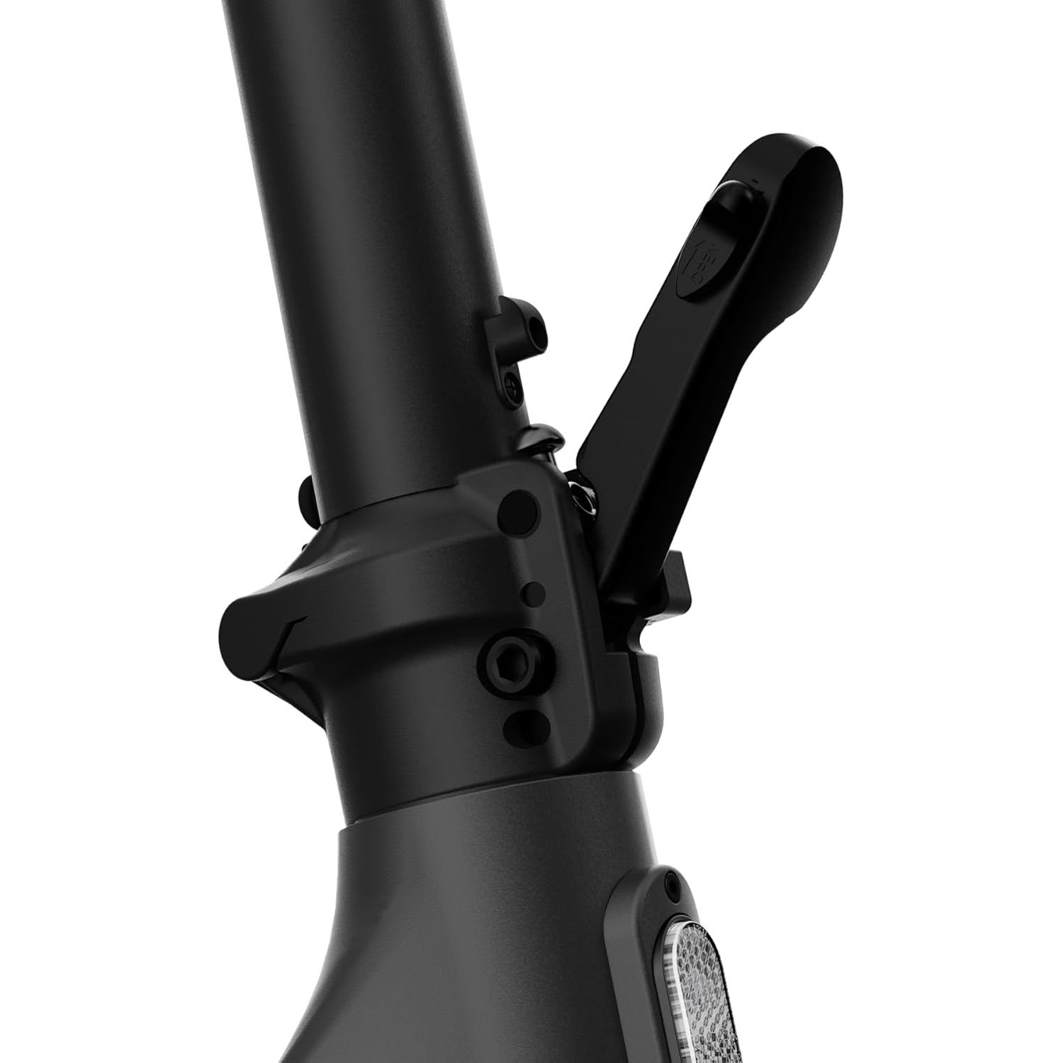 Zbliżenie mechanizmu składania czarnej hulajnogi, pokazujące dźwignię blokującą, zawiasy i światło odblaskowe.